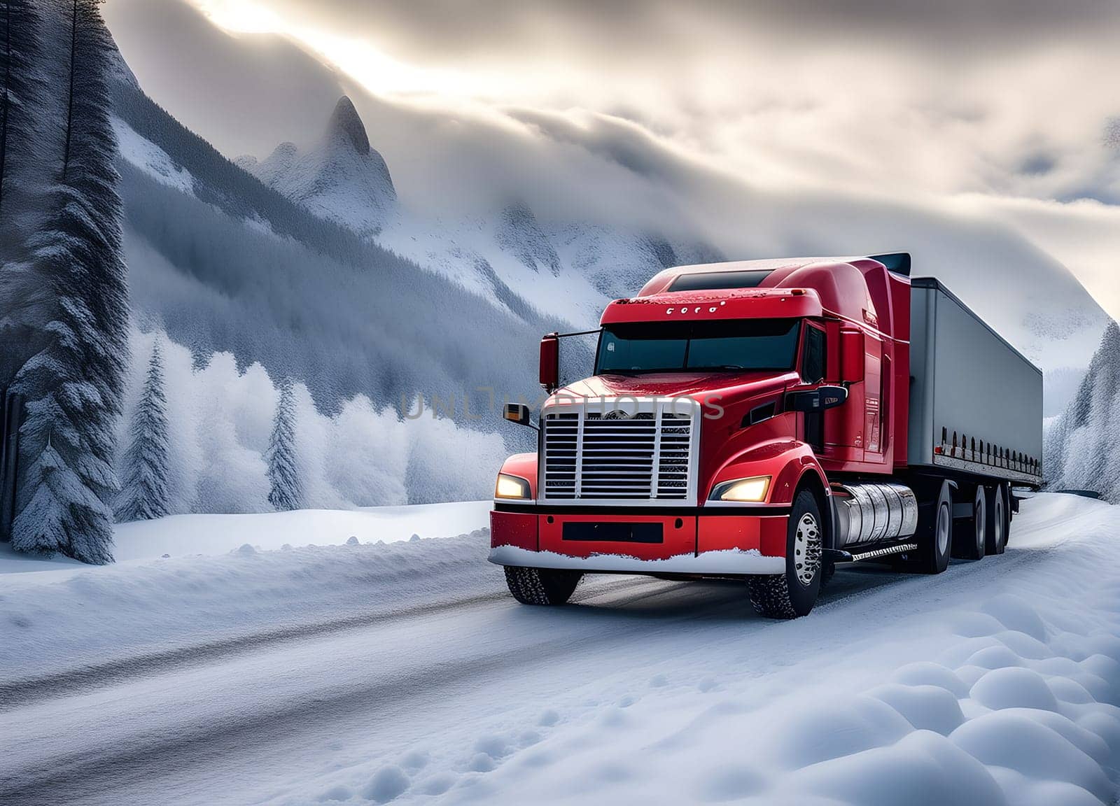 Truck drives through the snowy mountains