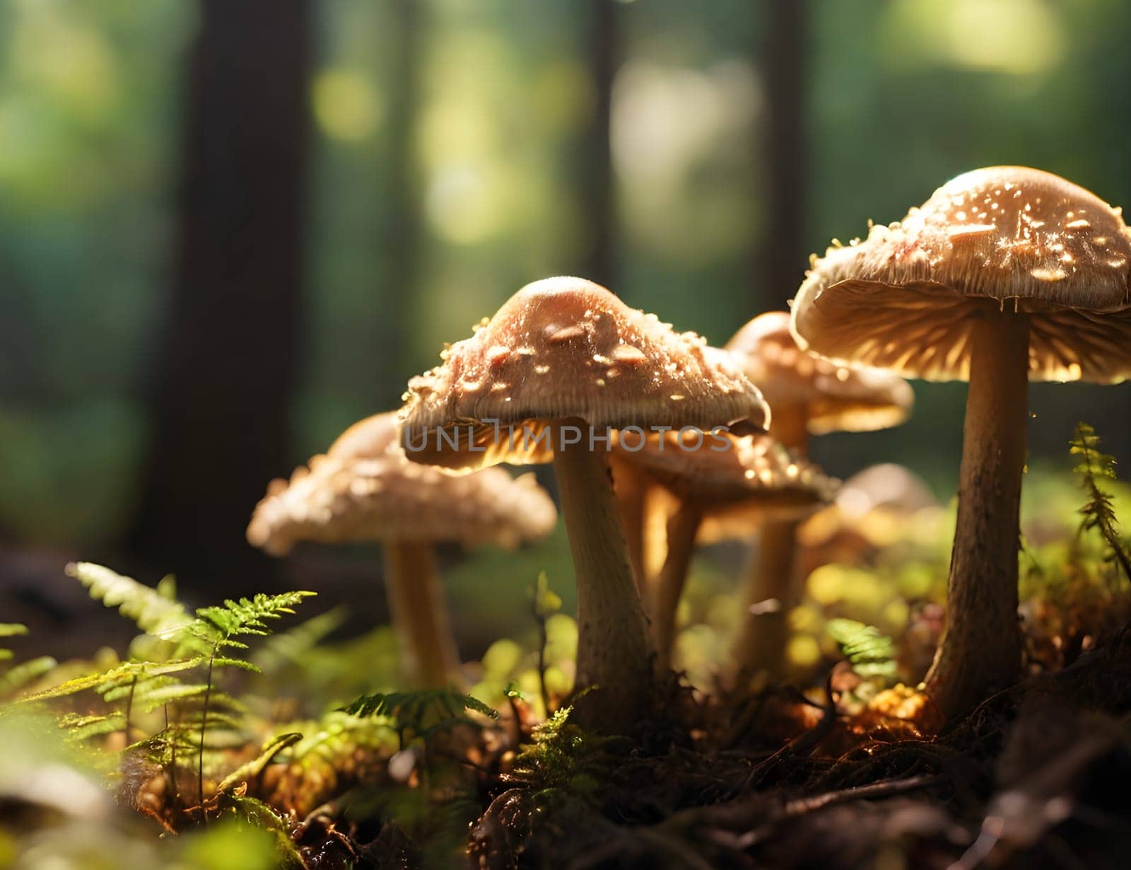 Growing mushrooms closeup in forest