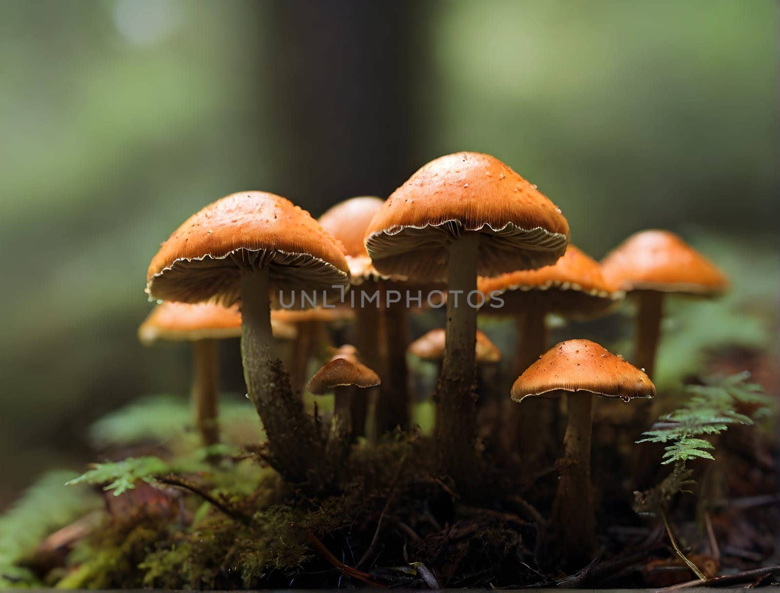 Growing mushrooms closeup in forest