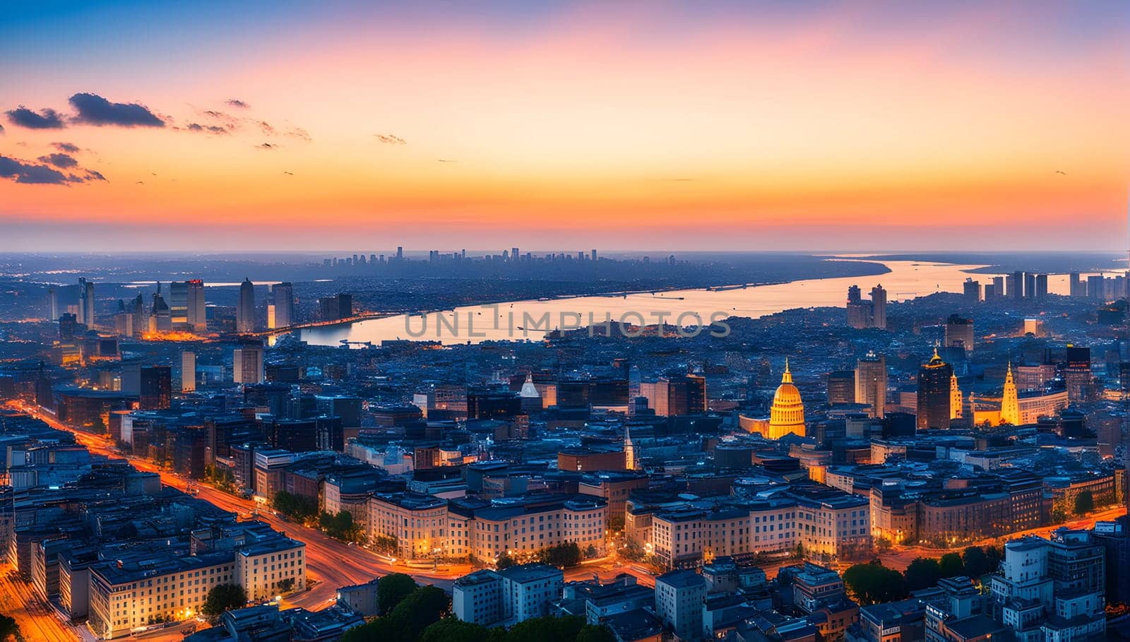 View on the city in the sunset
