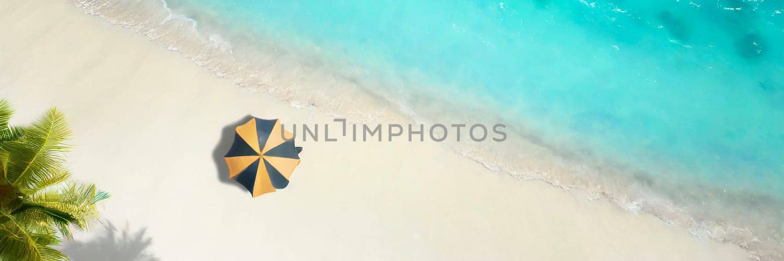 Umbrella on the beach with turquoise water. Top view. AI generated