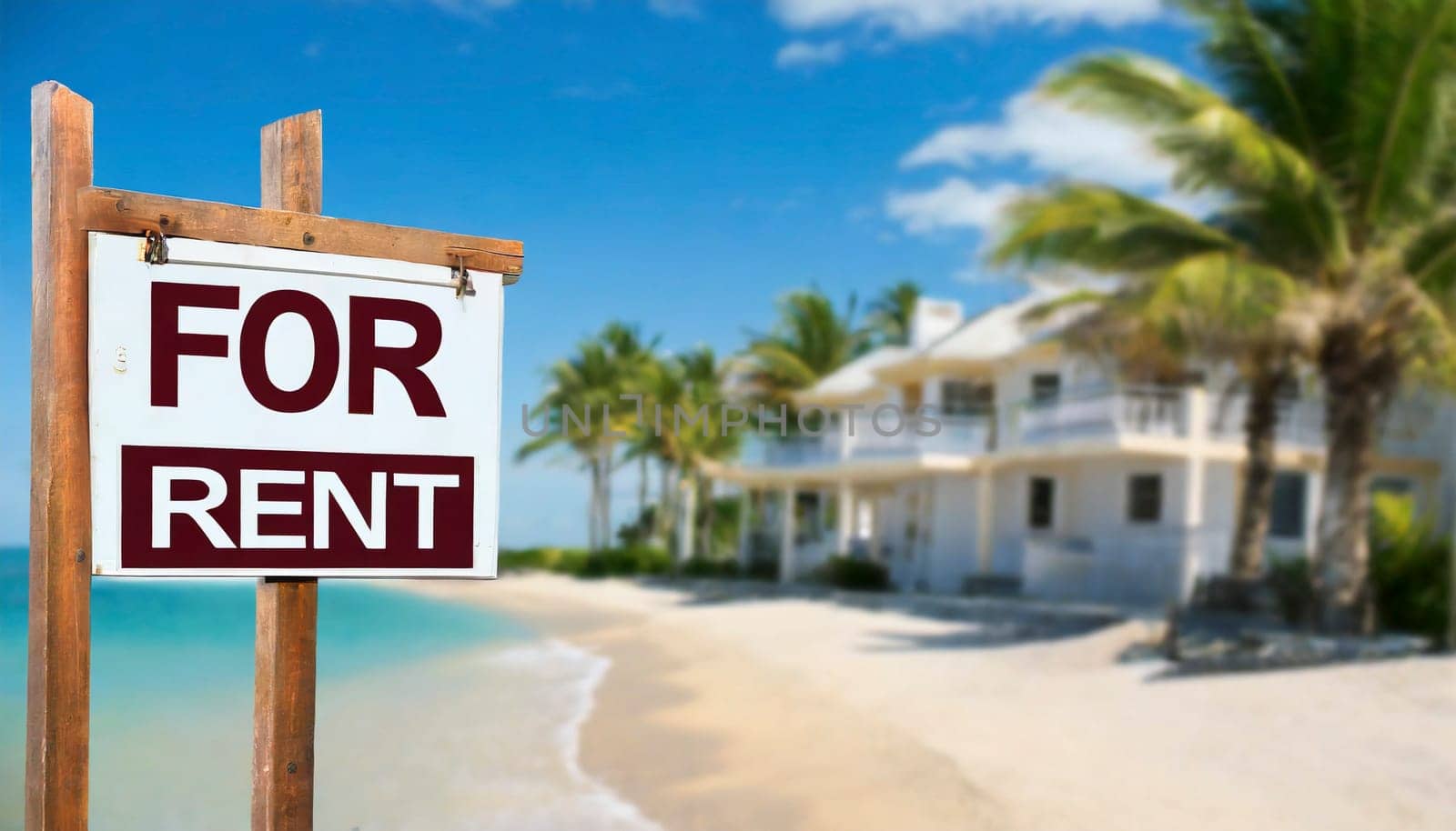 For rent sign with tropical beach in background. Ocean front vacation rental property. AI generated