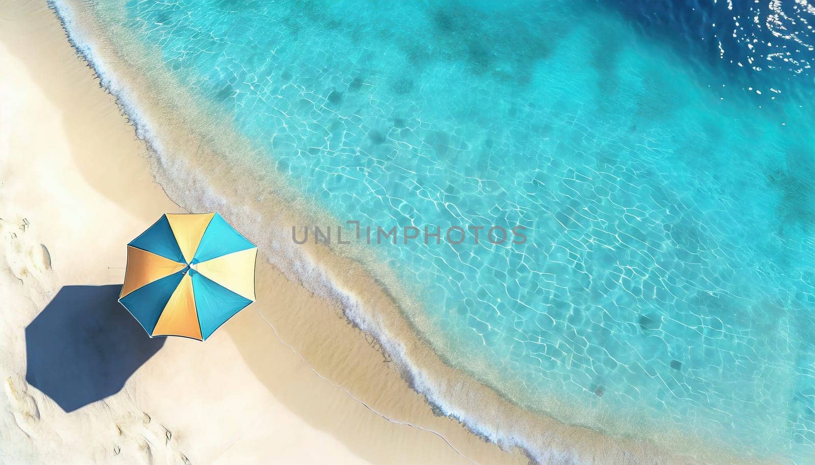 Umbrella on the beach with turquoise water. Top view. AI generated