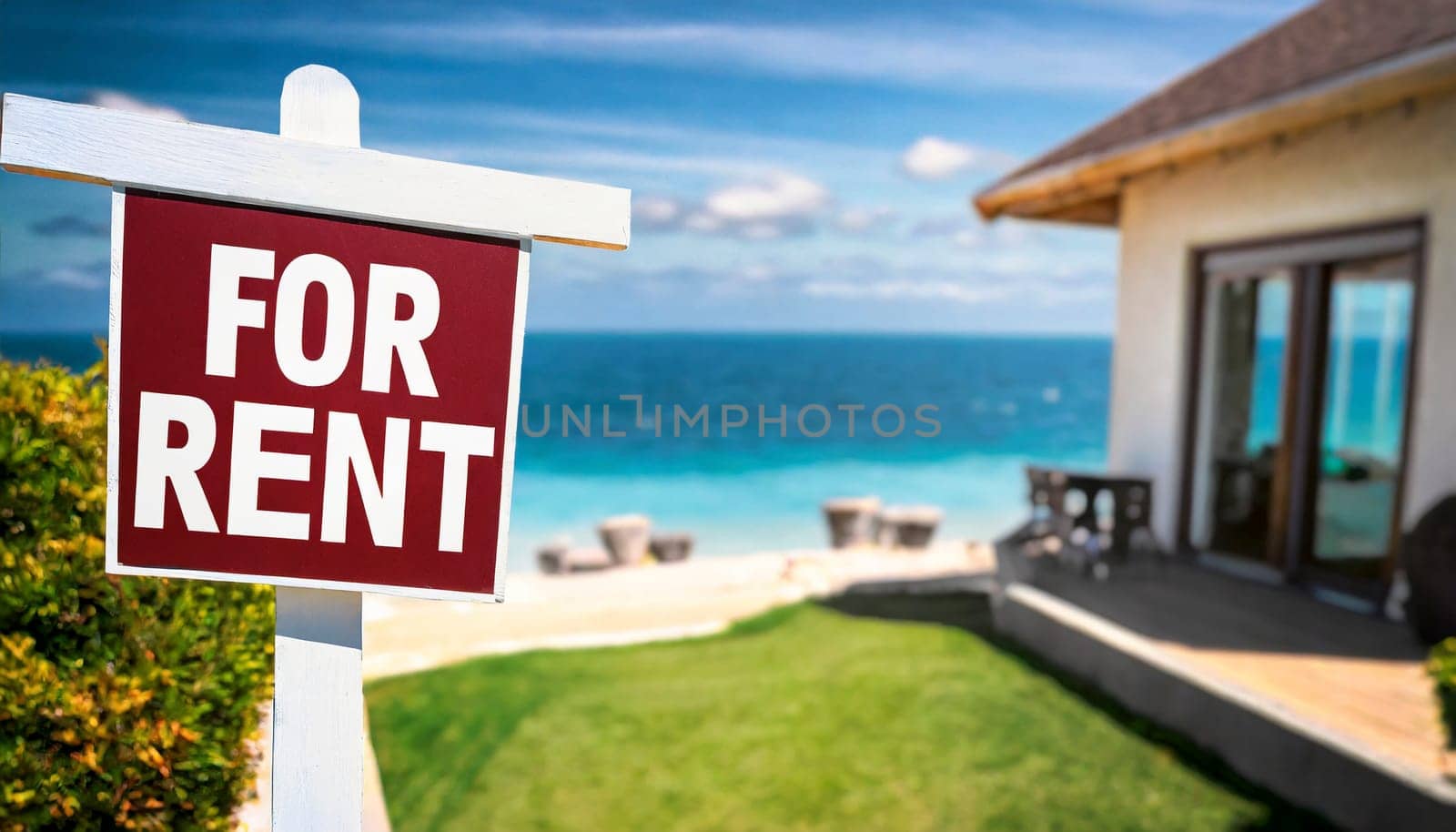For rent sign with tropical beach in background. Ocean front vacation rental property. AI generated
