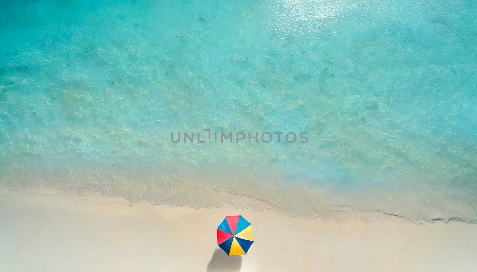 Umbrella on the beach with turquoise water. Top view. AI generated
