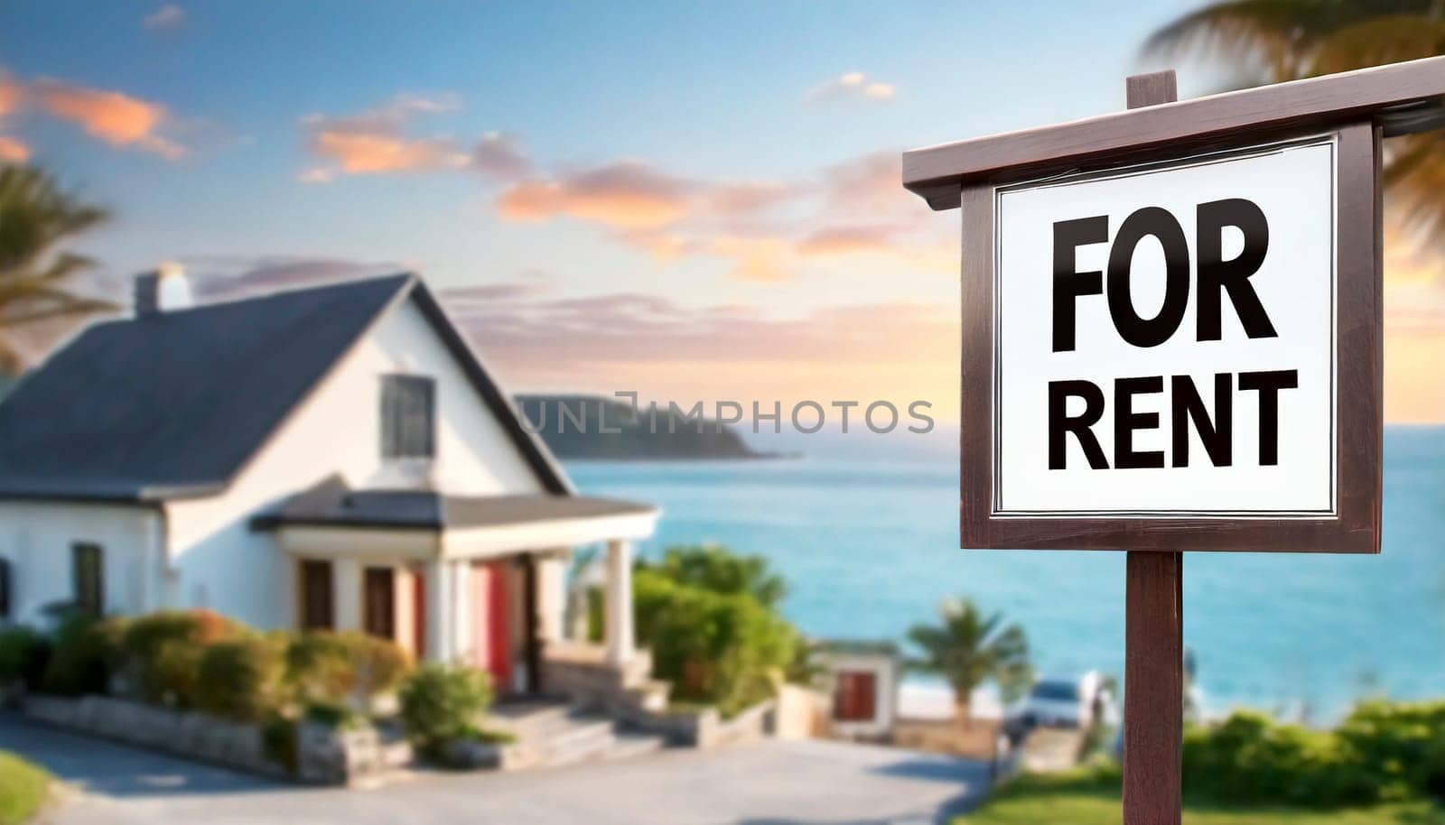 For rent sign with tropical beach in background. Ocean front vacation rental property. AI generated