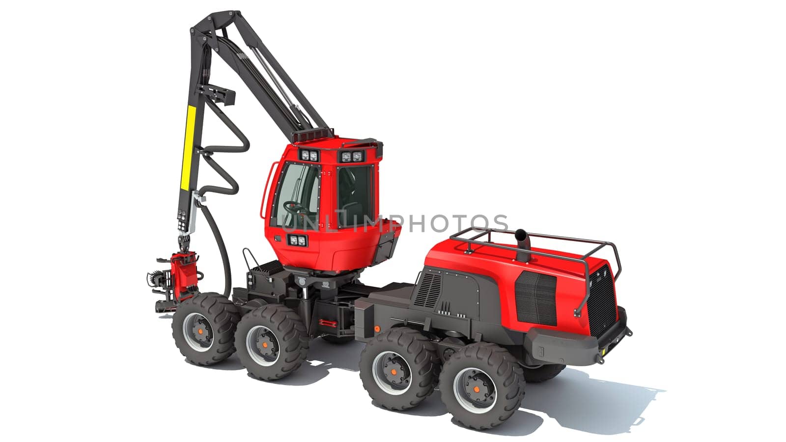 Forestry Wheeled Harvester forest machinery 3D rendering model on white background