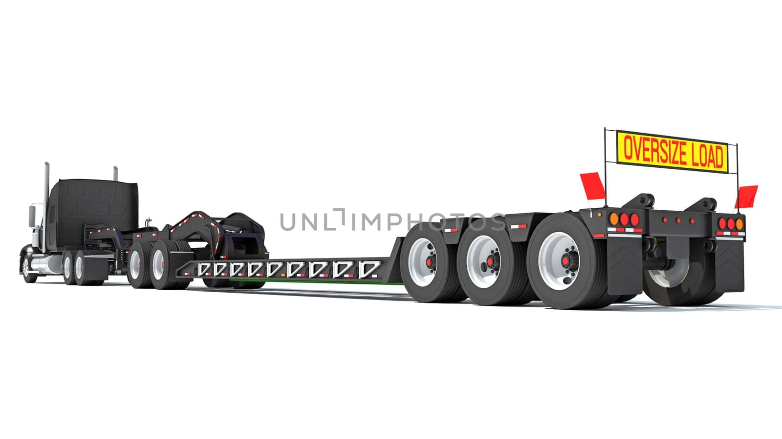 Semi Truck with Lowboy Platform Trailer 3D rendering model on white background