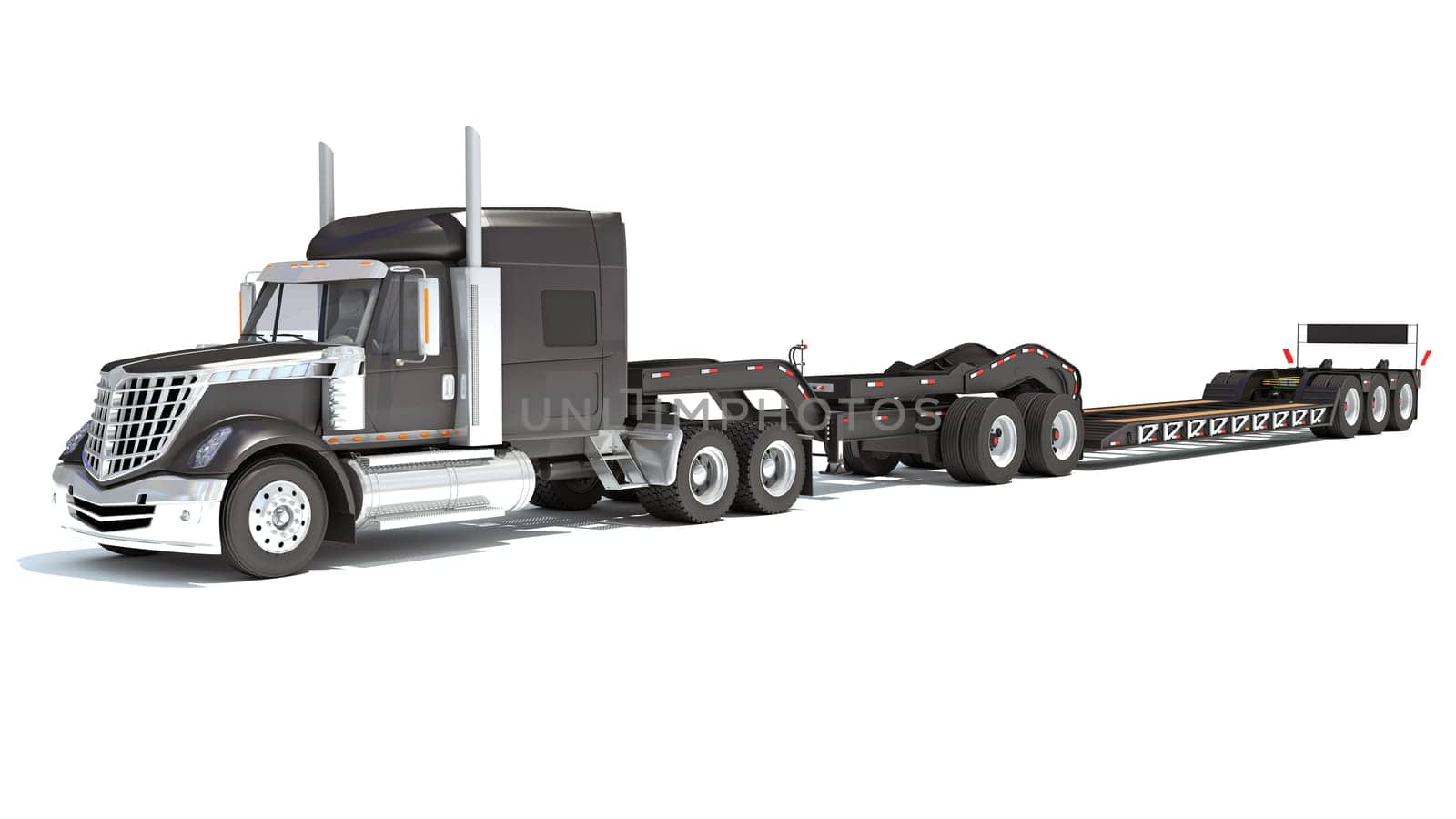 Semi Truck with Lowboy Platform Trailer 3D rendering model on white background
