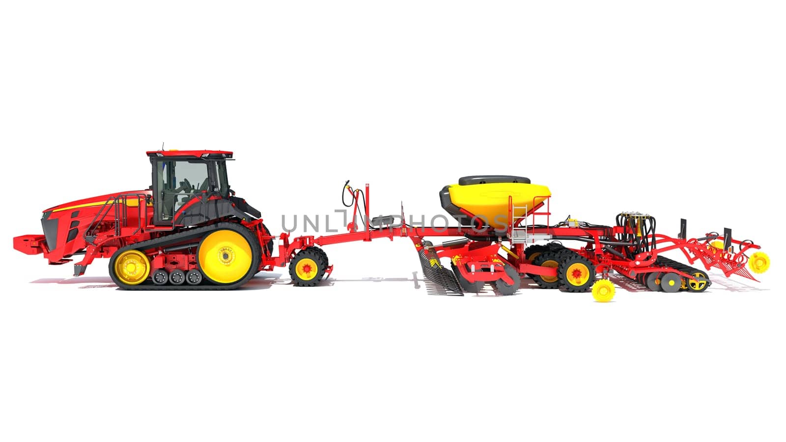 Tractor with Seed Drill farm equipment disc harrow 3D rendering model on white background