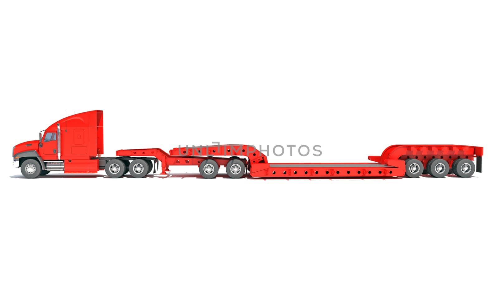 Semi Truck with Lowboy Platform Trailer 3D rendering model on white background