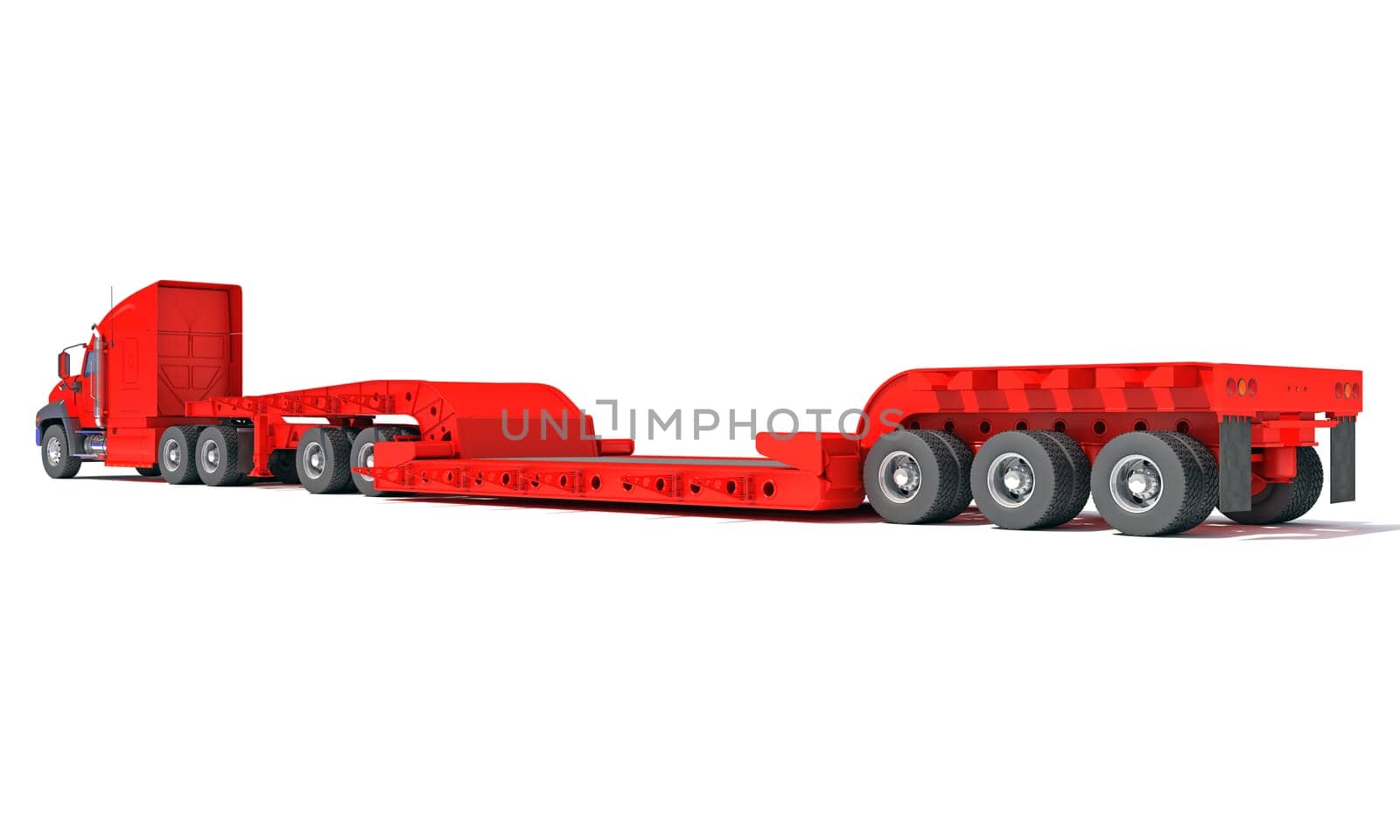 Semi Truck with Lowboy Platform Trailer 3D rendering model on white background