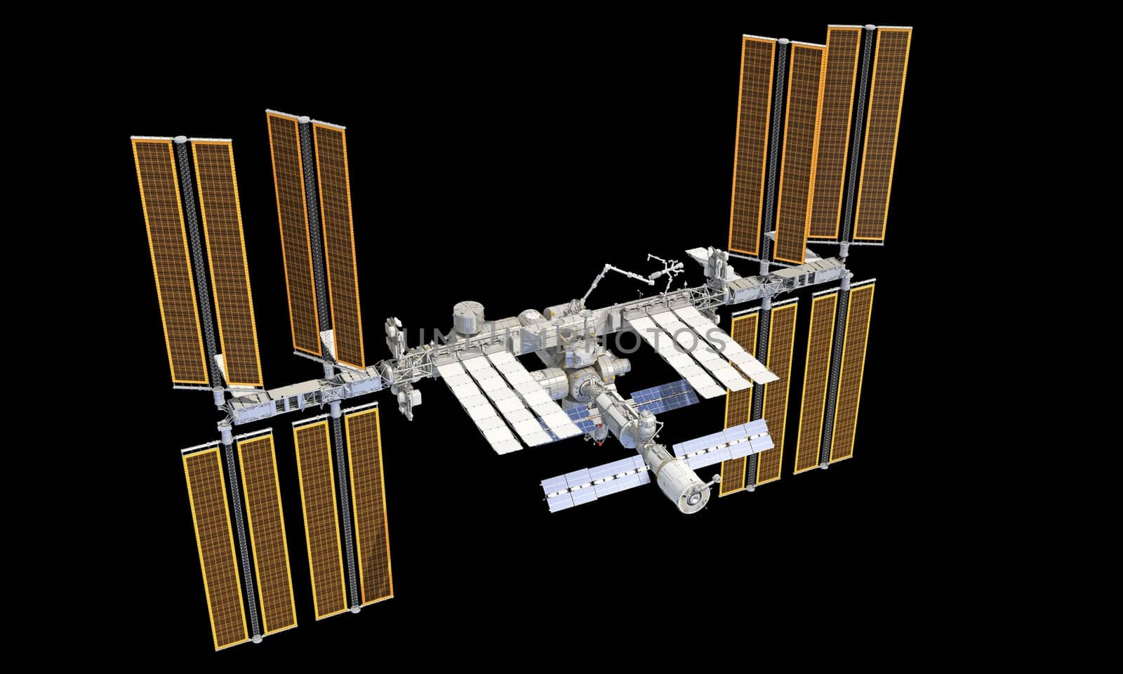 International Space Station ISS 3D rendering model on black background