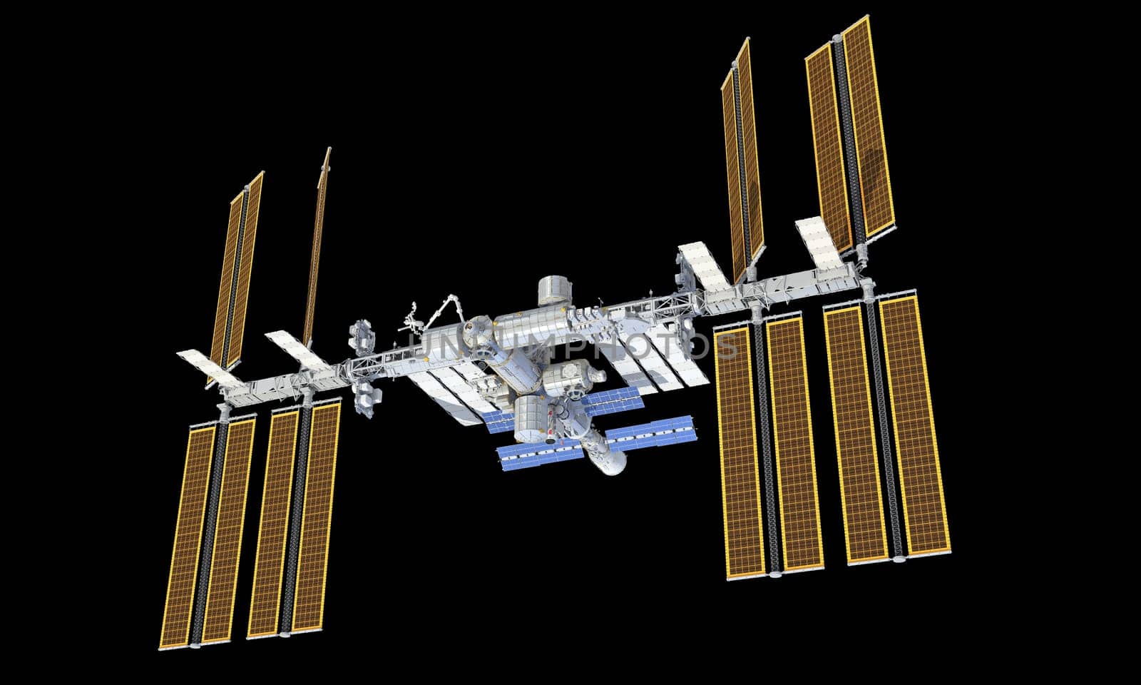 International Space Station ISS 3D rendering model on black background