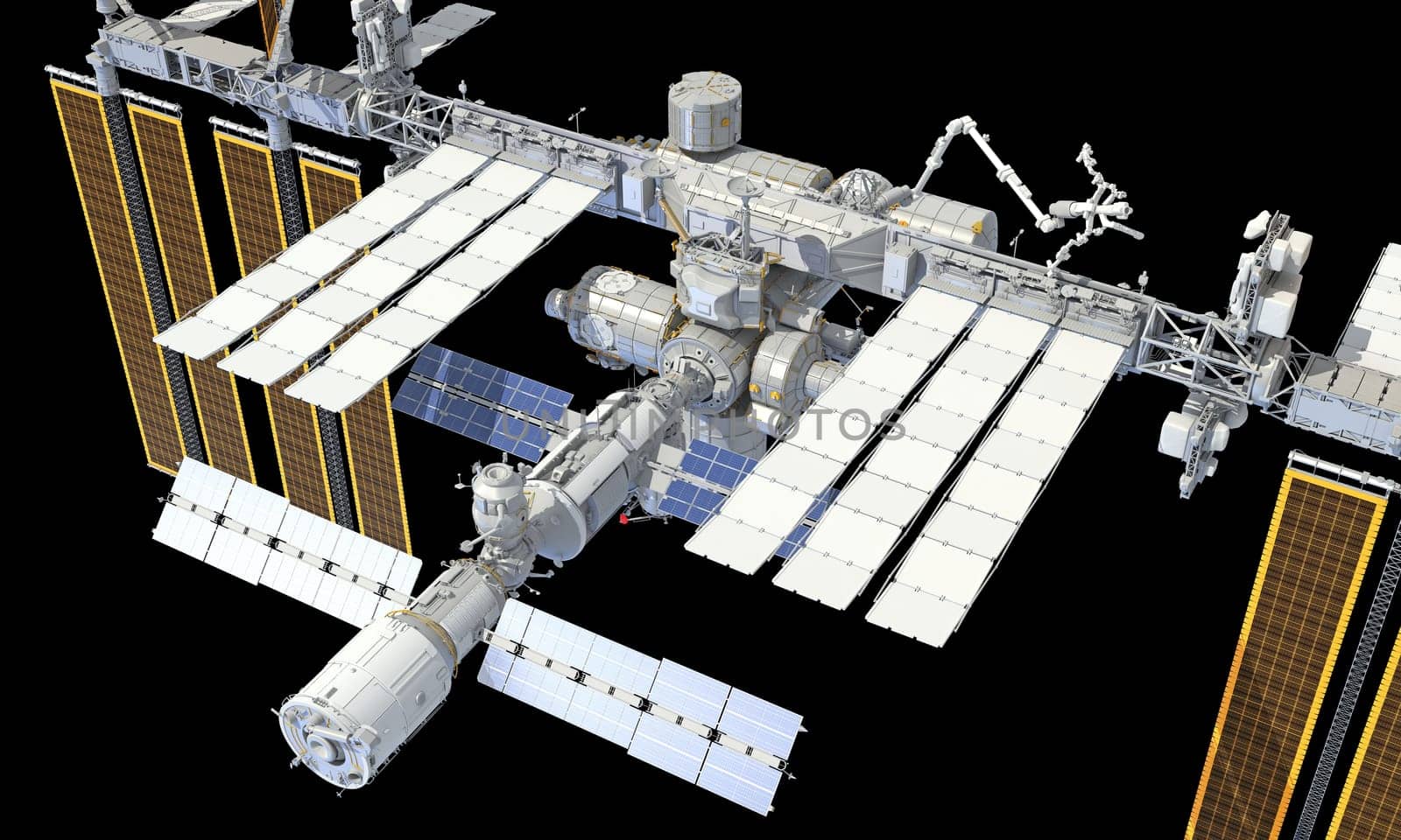 International Space Station ISS 3D rendering model on black background