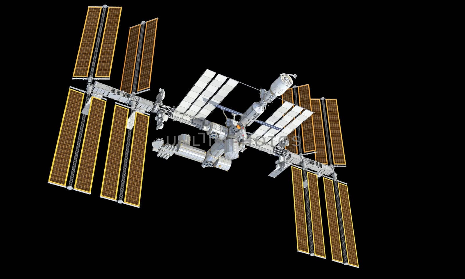 International Space Station ISS 3D rendering model on black background