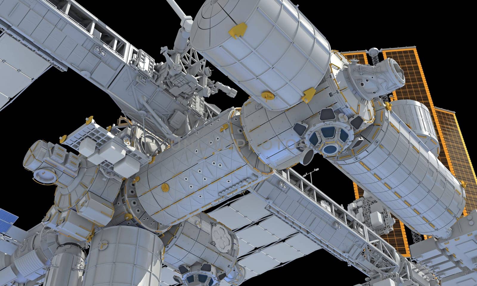International Space Station ISS 3D rendering model on black background