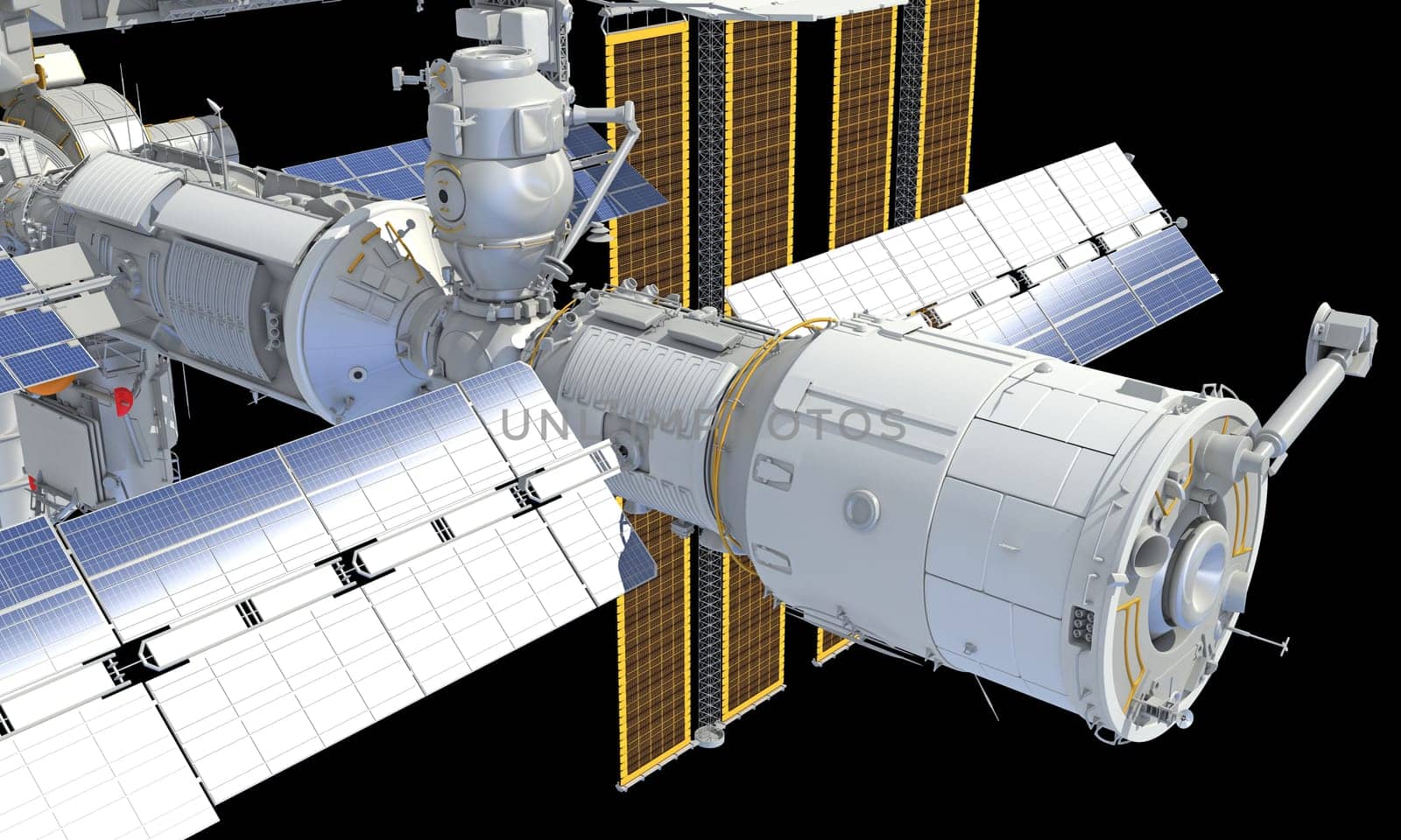 International Space Station ISS 3D rendering model on black background