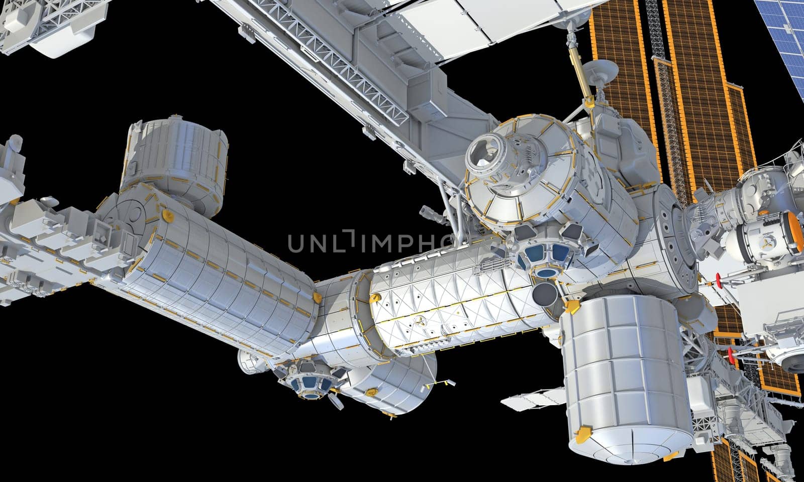 International Space Station ISS 3D rendering model on black background