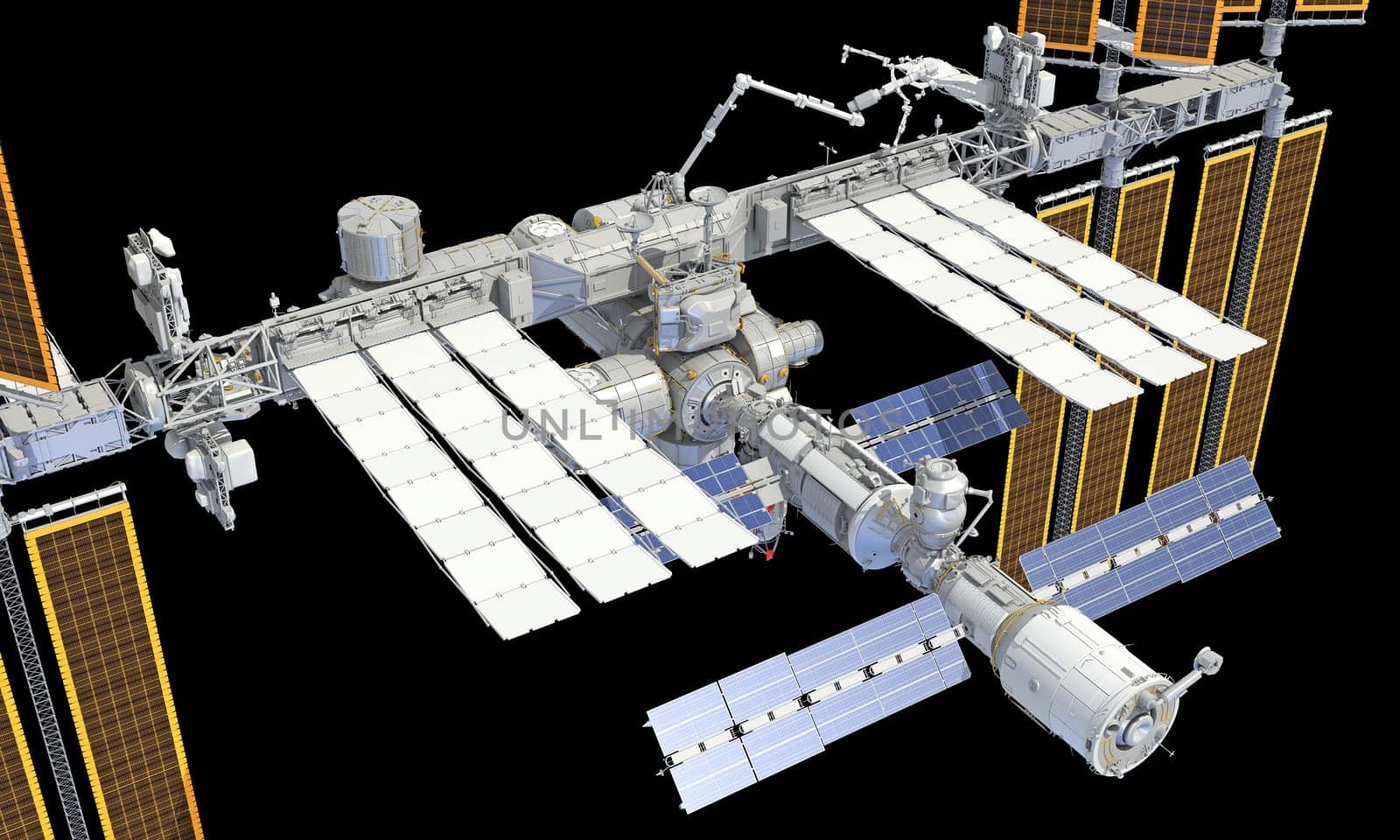 International Space Station ISS 3D rendering model on black background