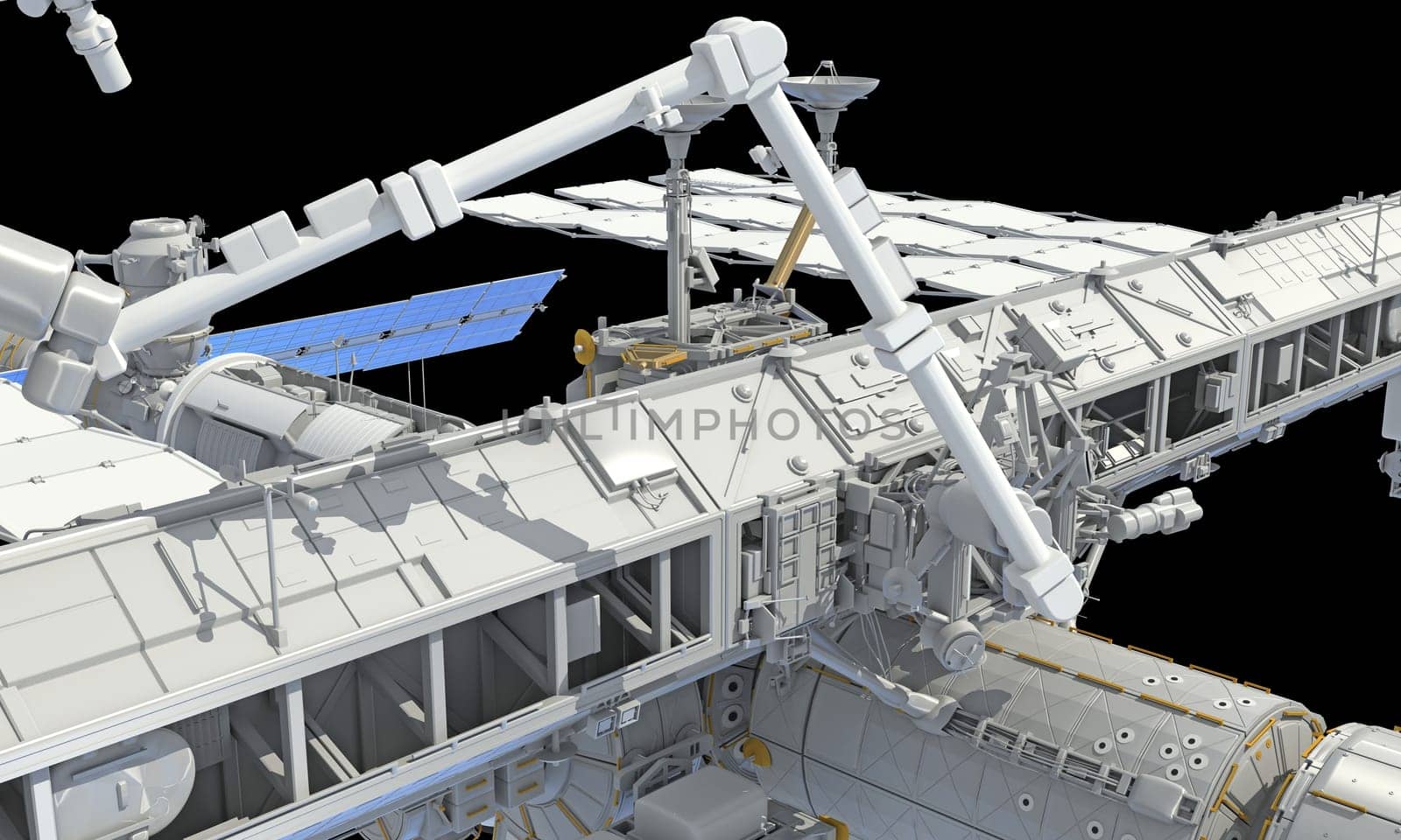International Space Station ISS 3D rendering model on black background