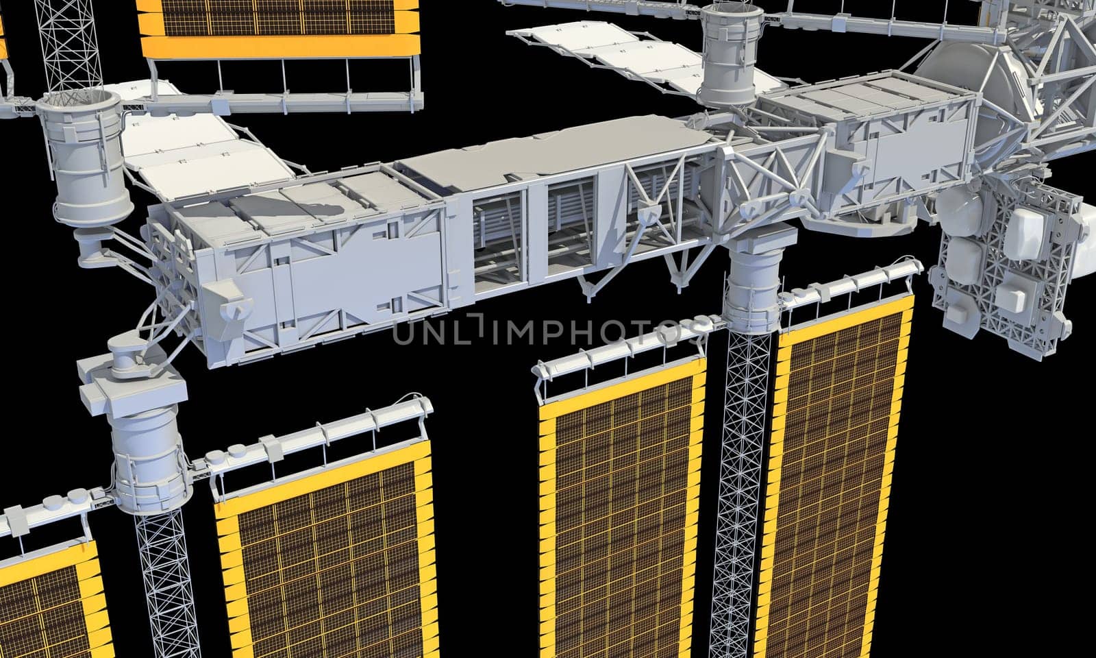 International Space Station ISS 3D rendering model on black background