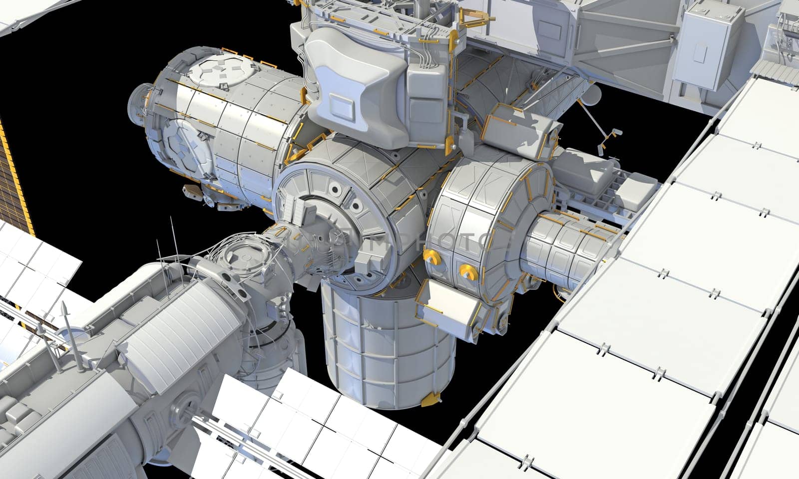International Space Station ISS 3D rendering model on black background