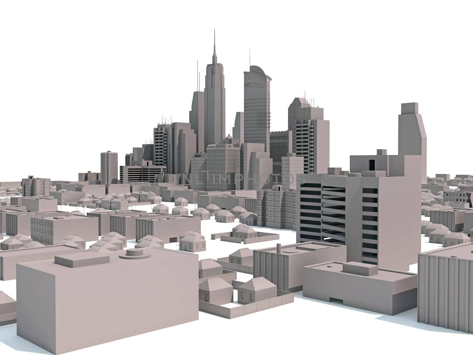 City Buildings 3D rendering model on white background