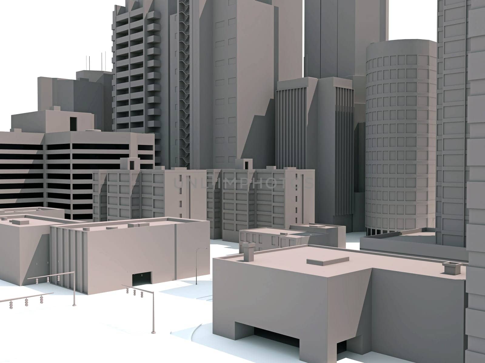 City Buildings 3D rendering model on white background