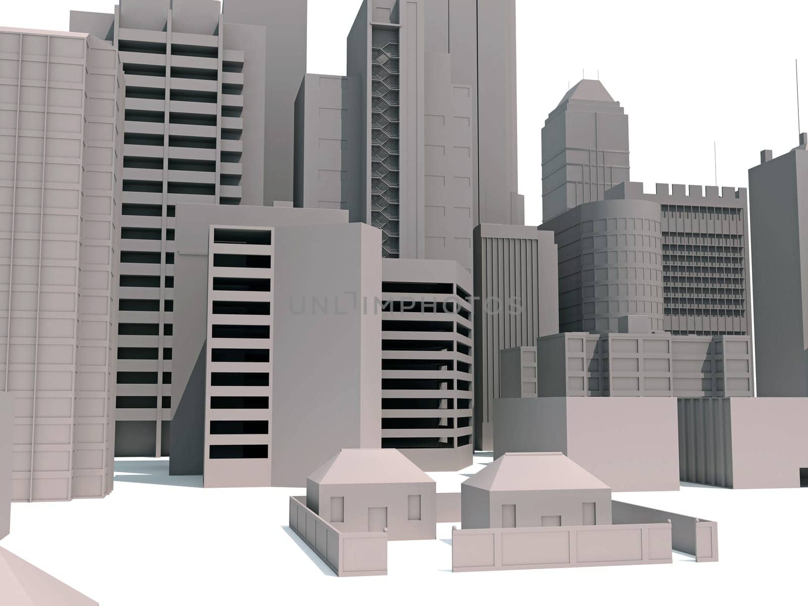 City Buildings 3D rendering model on white background