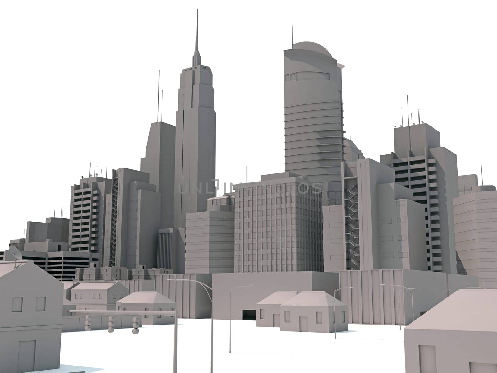 City Buildings 3D rendering model on white background