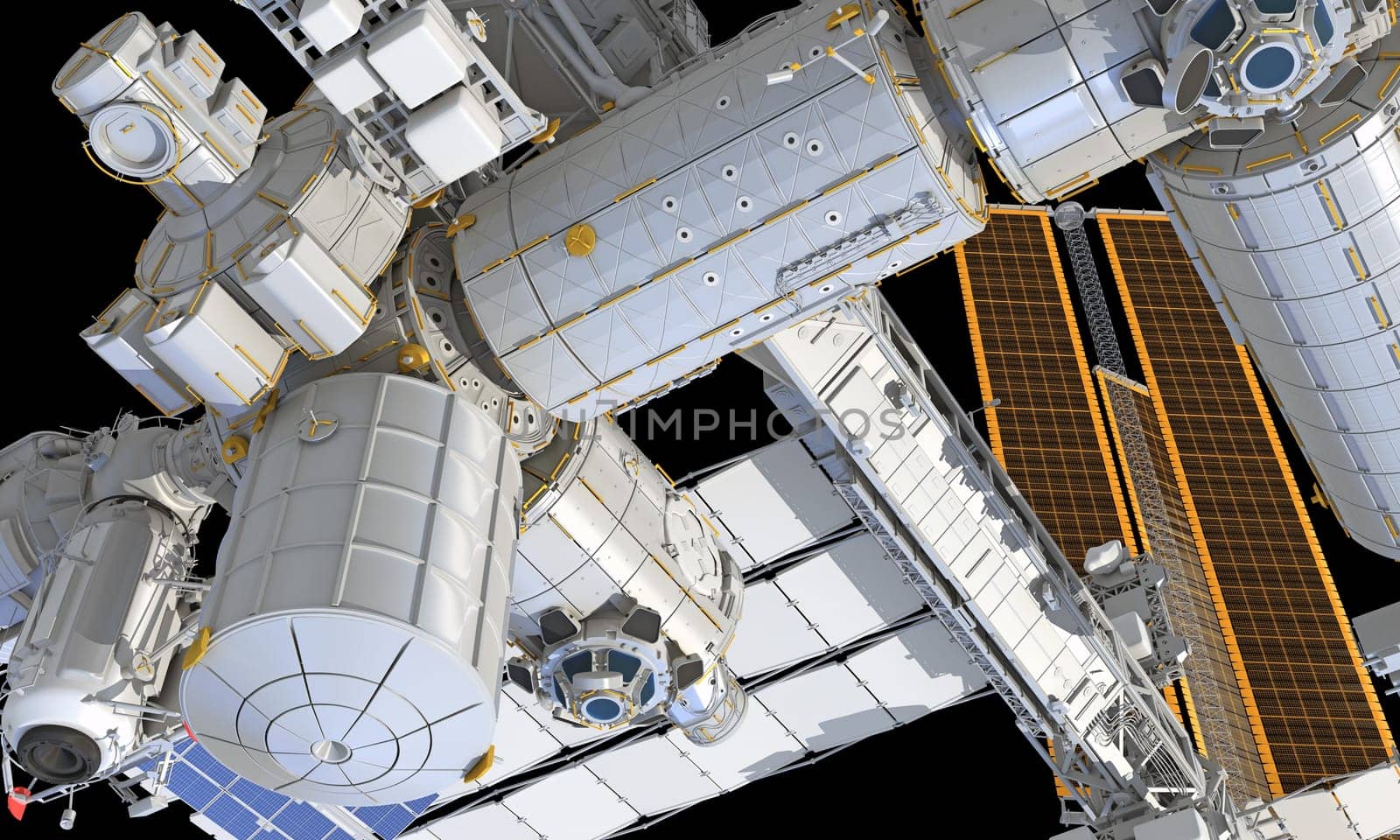 International Space Station ISS 3D rendering model on black background