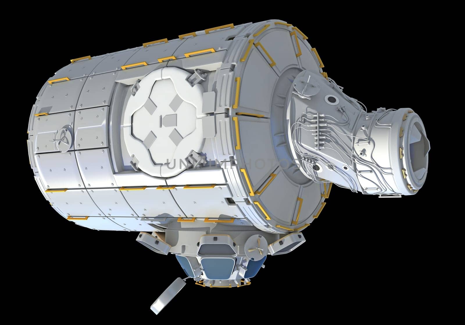 Service Module of ISS International Space Station 3D rendering model on black background