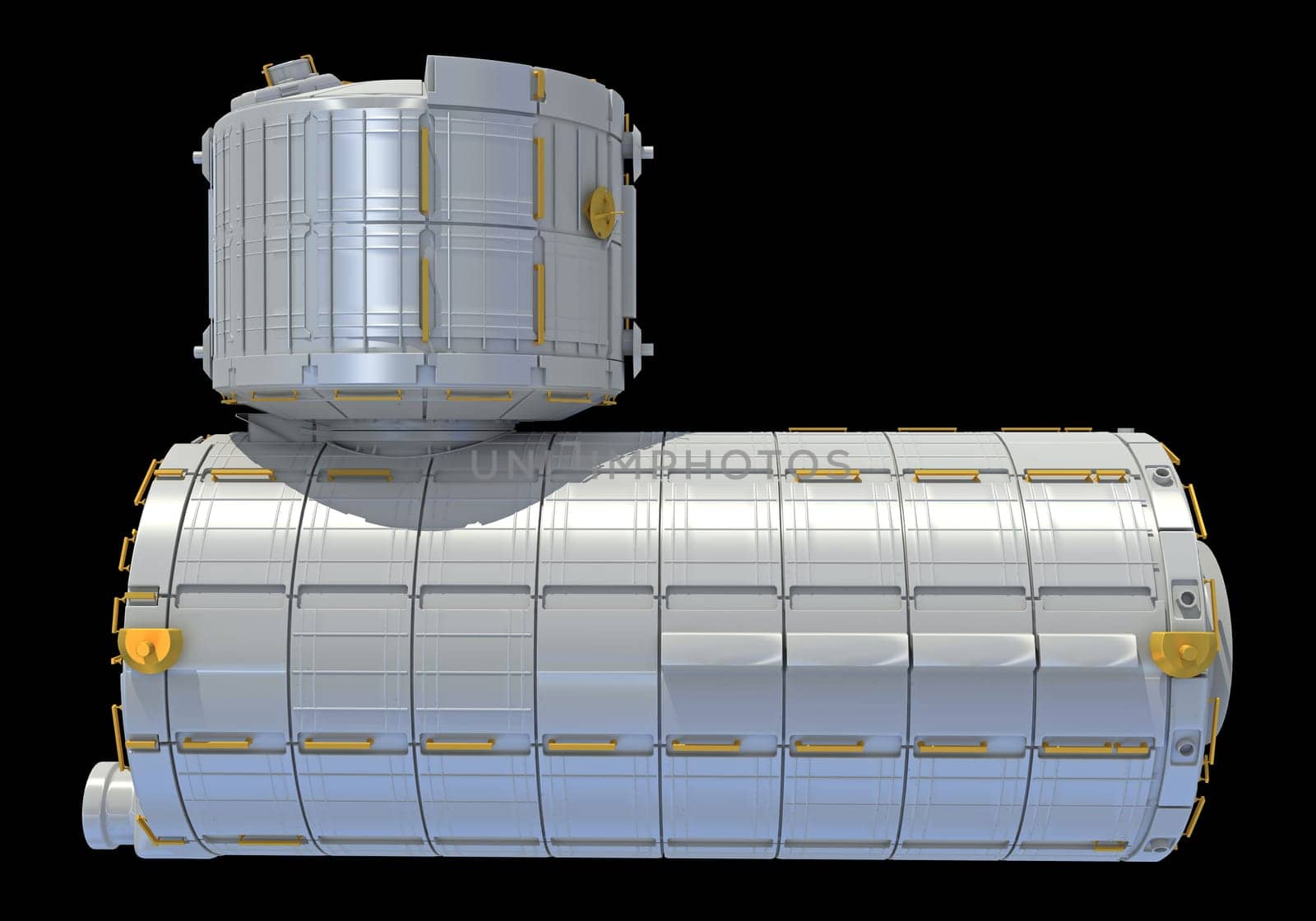 Service Module of ISS International Space Station 3D rendering model on black background