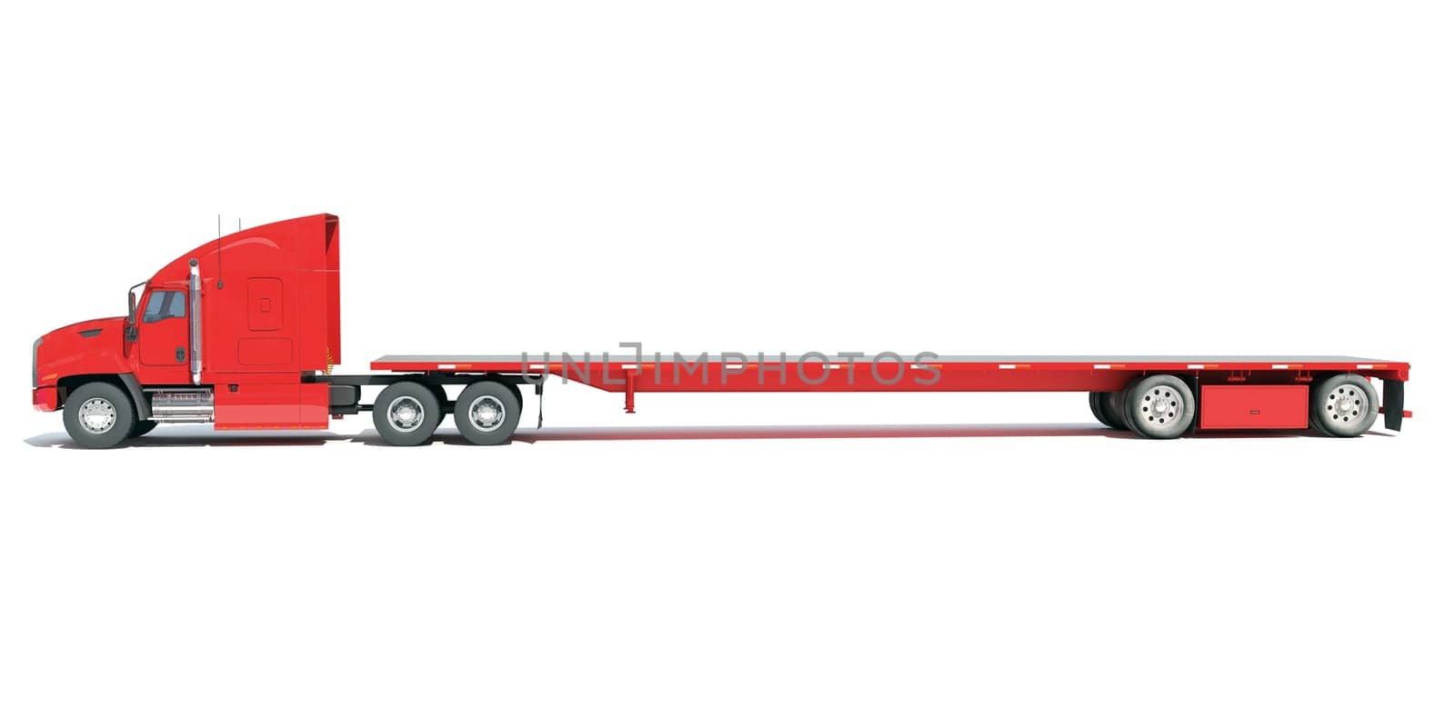 Red Truck with Flatbed Trailer 3D rendering model on white background