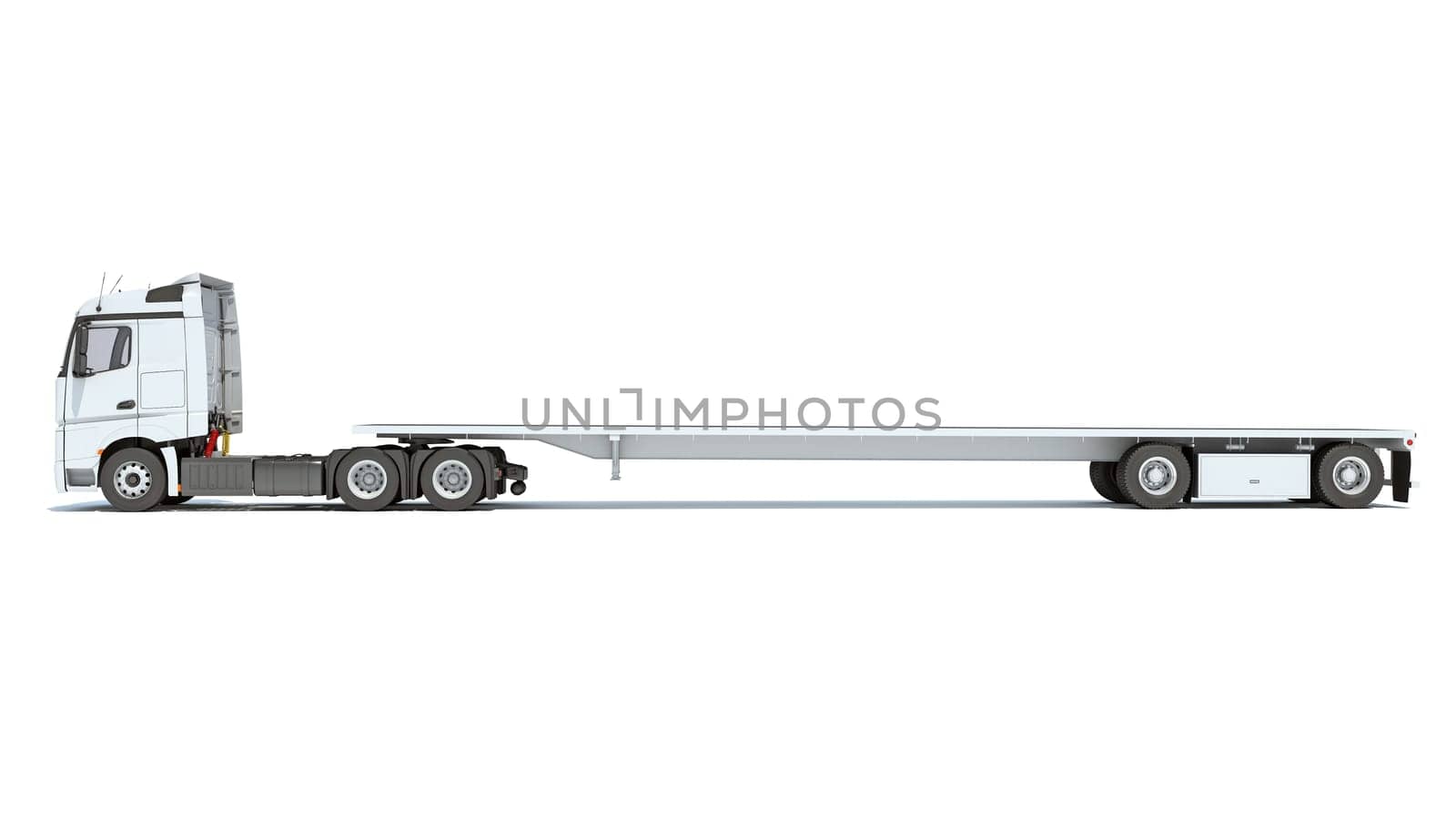 Semi Truck with Lowboy Platform Trailer 3D rendering model on white background