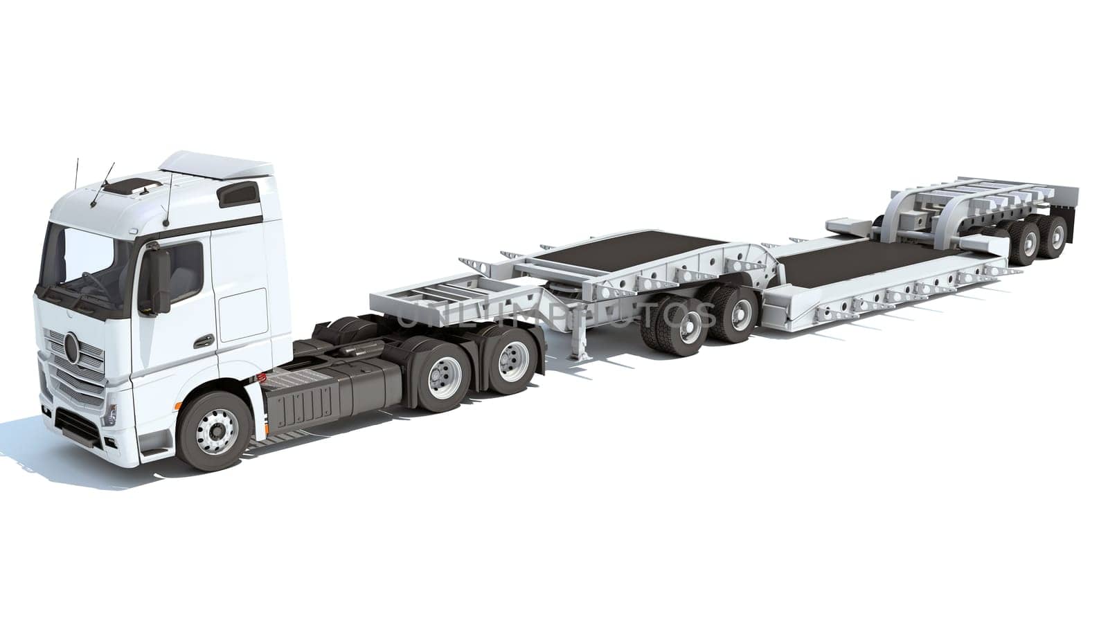 Semi Truck with Lowboy Platform Trailer 3D rendering model on white background