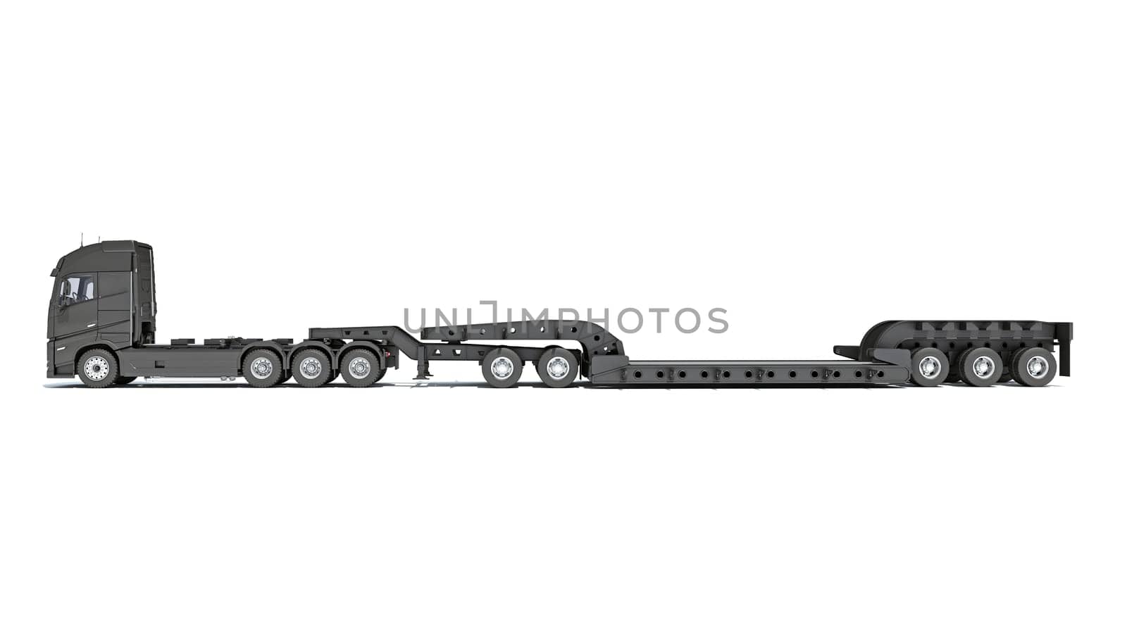 Semi Truck with Lowboy Platform Trailer 3D rendering model on white background
