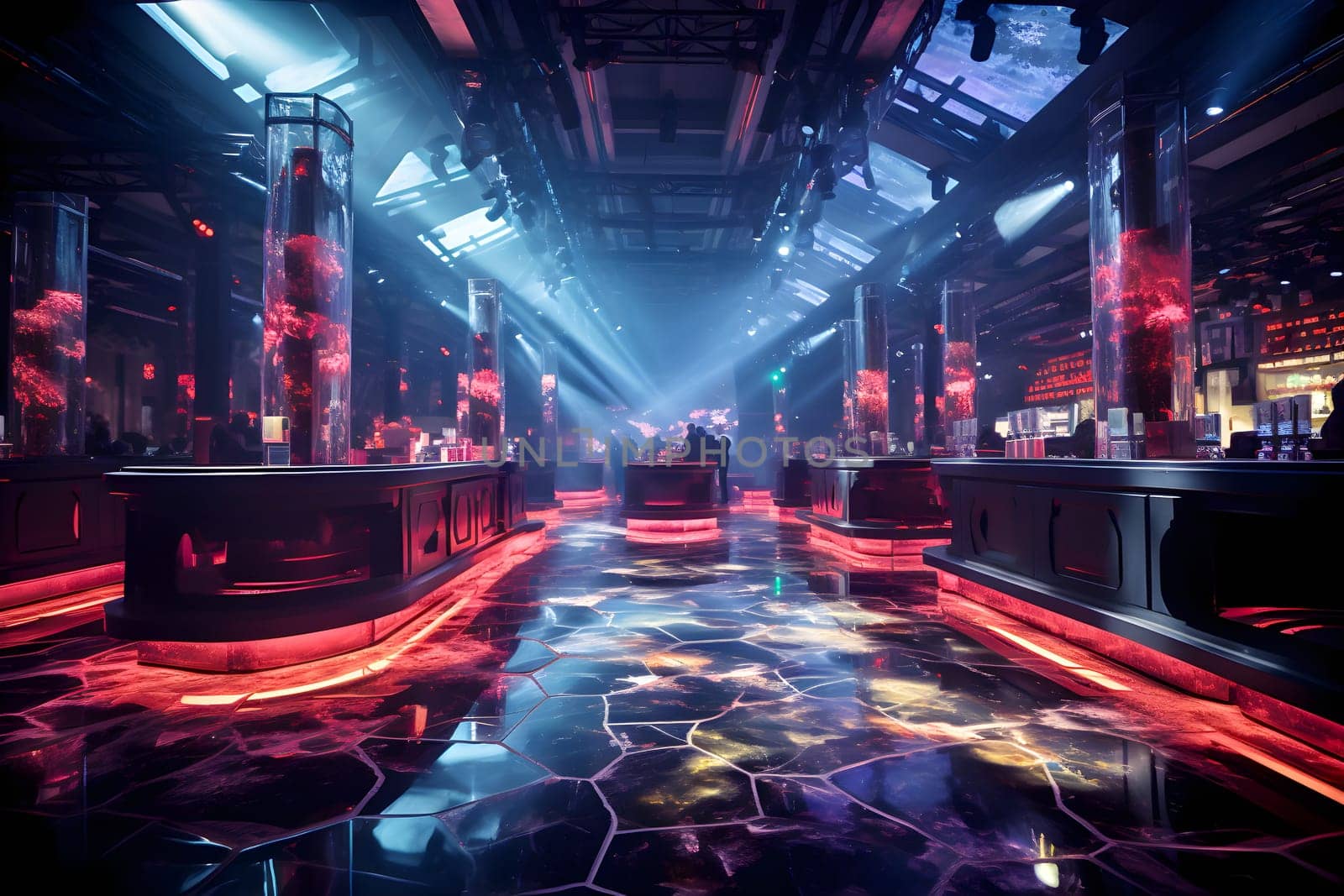 The neon lights of a Cyberpunk nightclub dance in the dark rythmic. Alien Light Distortion Glow paints the floor with electric movement. A sensory symphony where technology and humans come together.