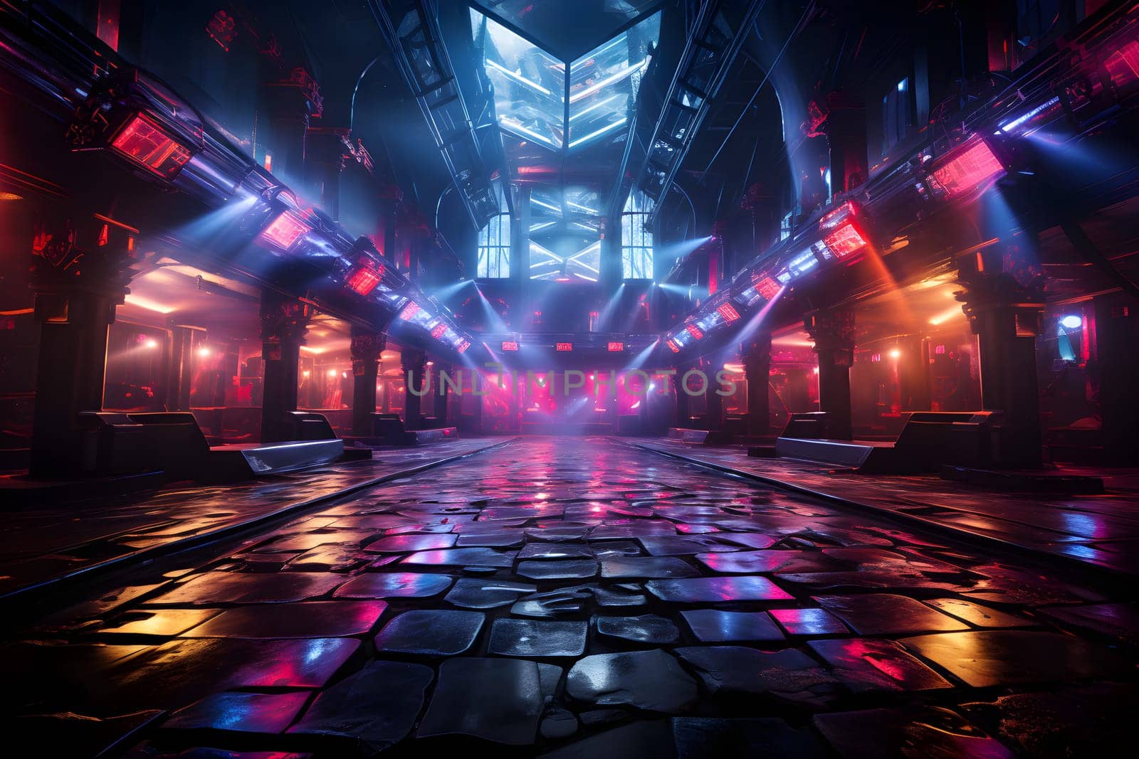 The neon lights of a Cyberpunk nightclub dance in the dark rythmic. Alien Light Distortion Glow paints the floor with electric movement. A sensory symphony where technology and humans come together.