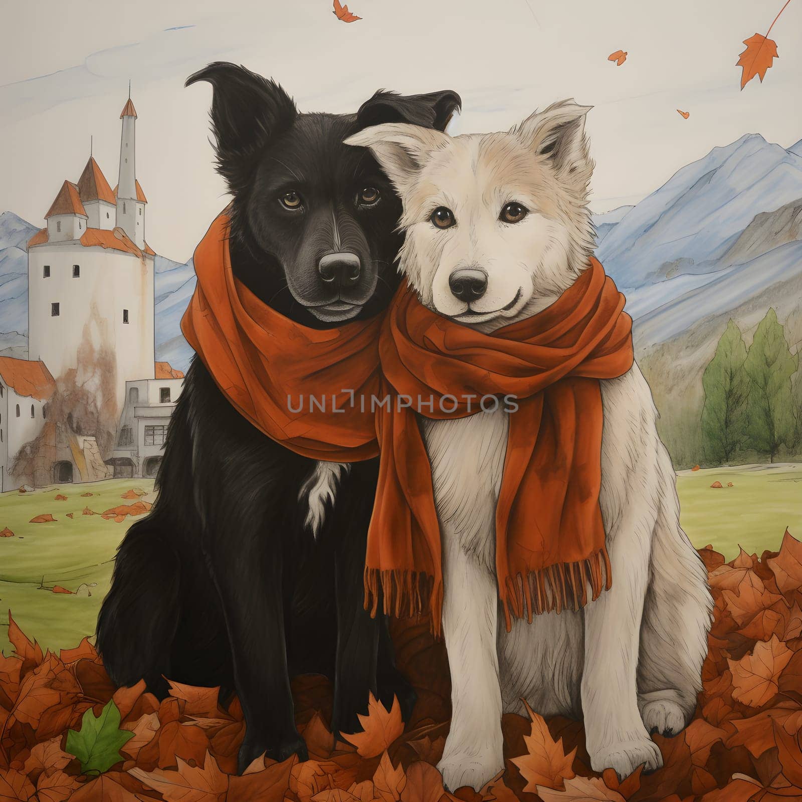 Painting of two dogs sitting together wearing scarves on the ground in a field. The background is mountains. This image conveys friendship, love, connection, and warmth. It depends on the interpreter.