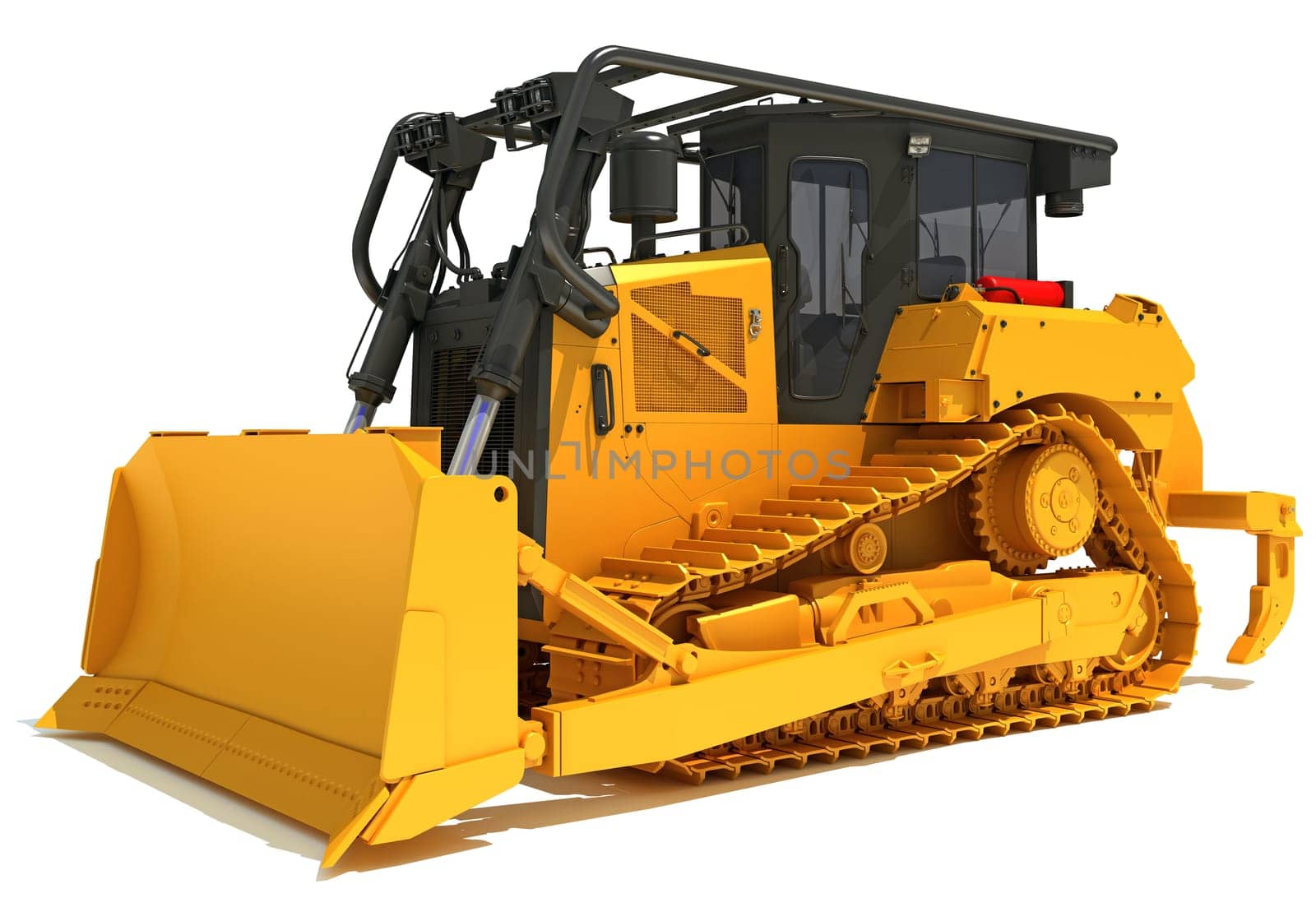Tracked Dozer heavy construction machinery 3D rendering model on white background