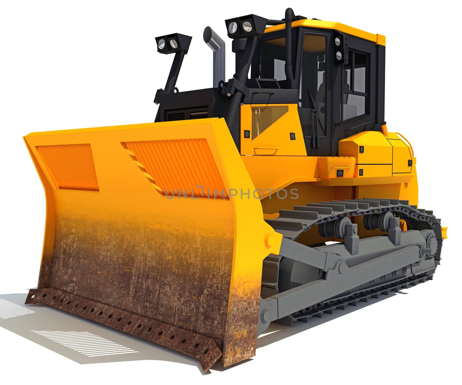 Tracked Dozer heavy construction machinery 3D rendering model on white background