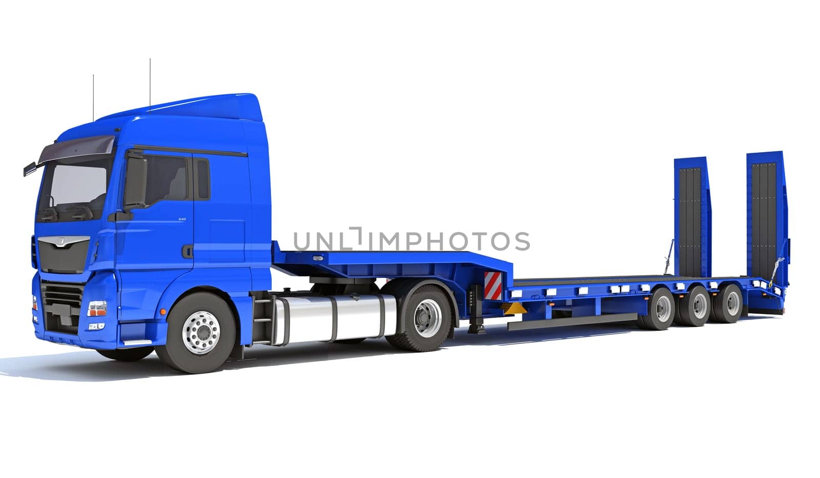 Truck with flatbed trailer 3D rendering model on white background