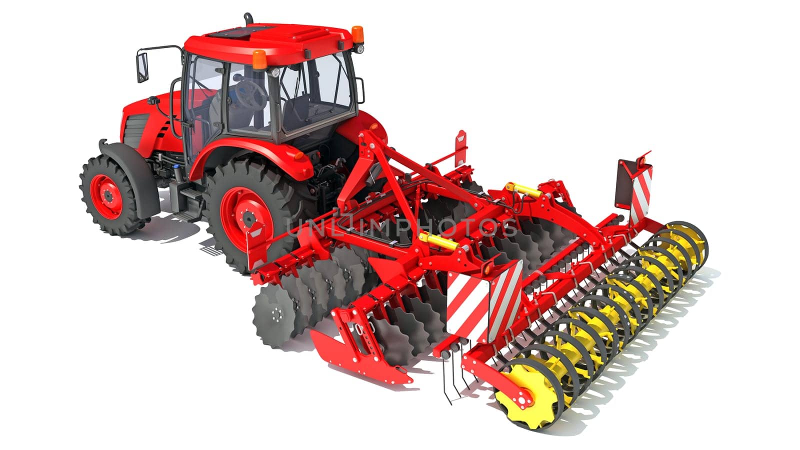 Tractor with Seed Drill farm equipment disc harrow 3D rendering model on white background