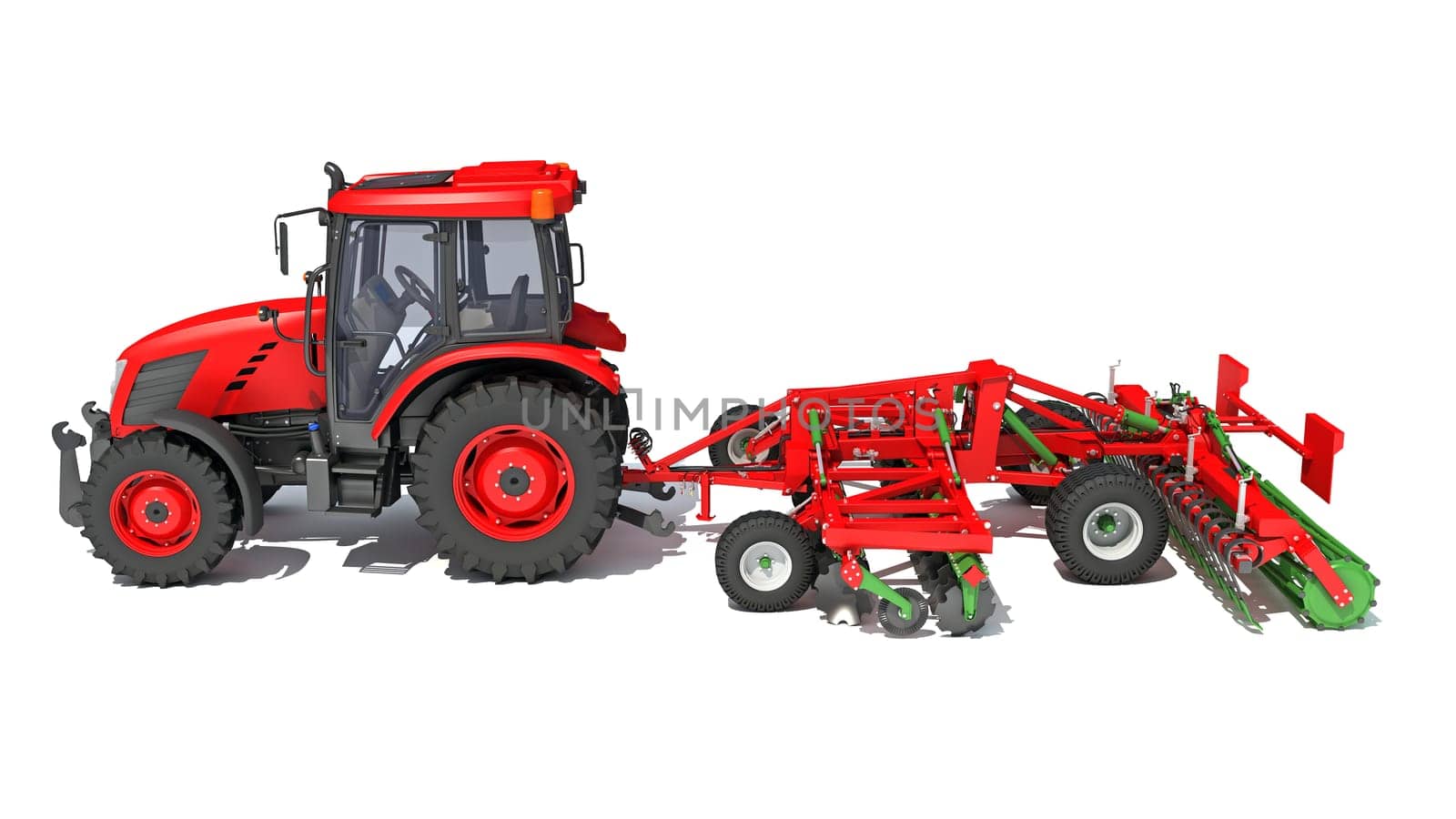 Tractor with Seed Drill farm equipment disc harrow 3D rendering model on white background