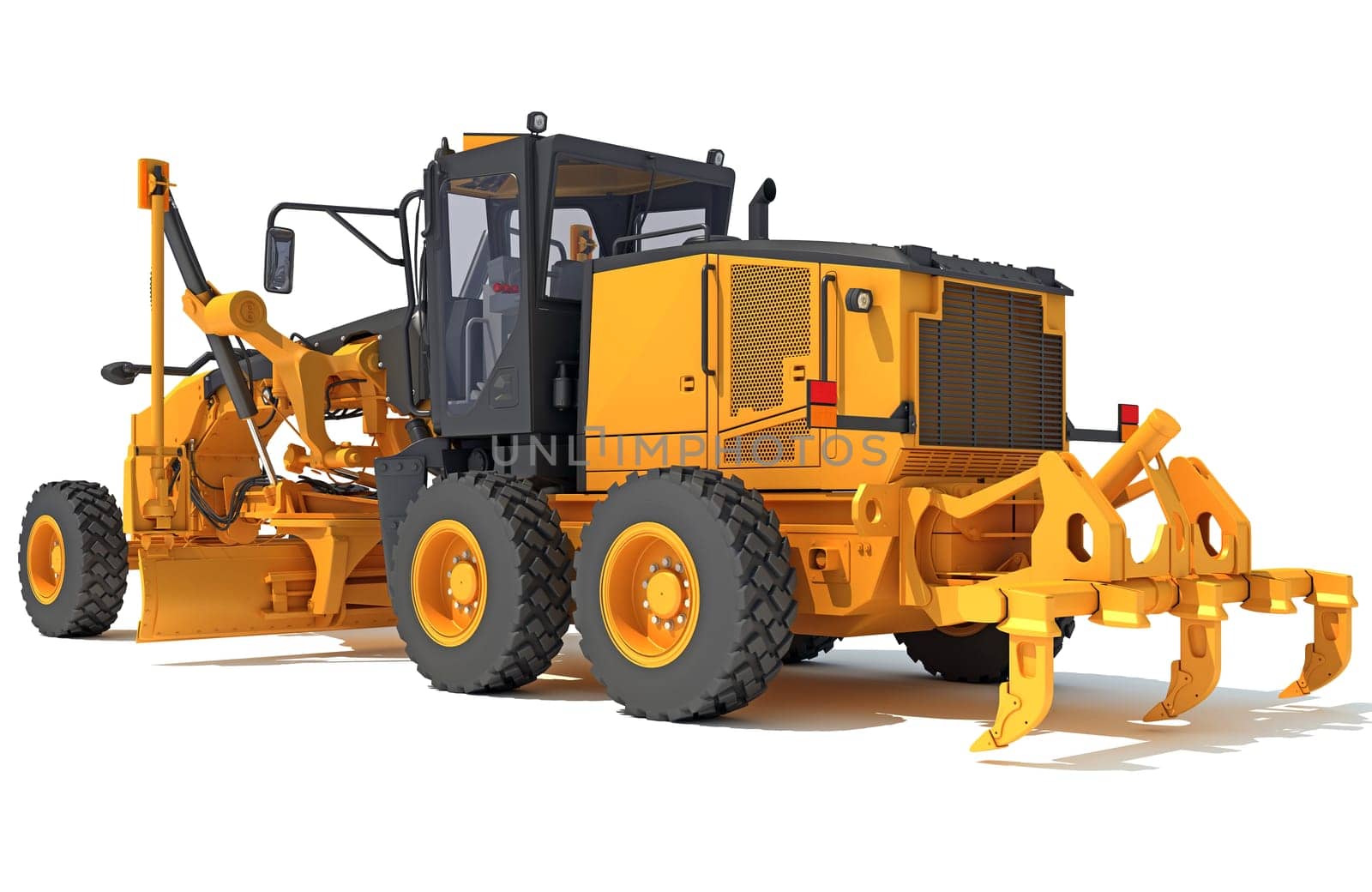 Motor Grader heavy construction machinery 3D rendering model on white background