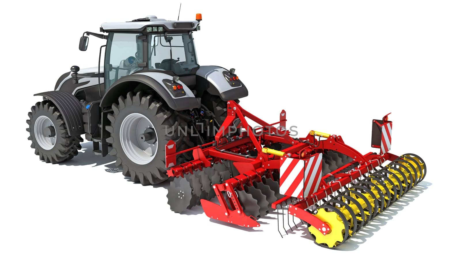 Tractor with Trailed Disc Harrow farm equipment 3D rendering model on white background