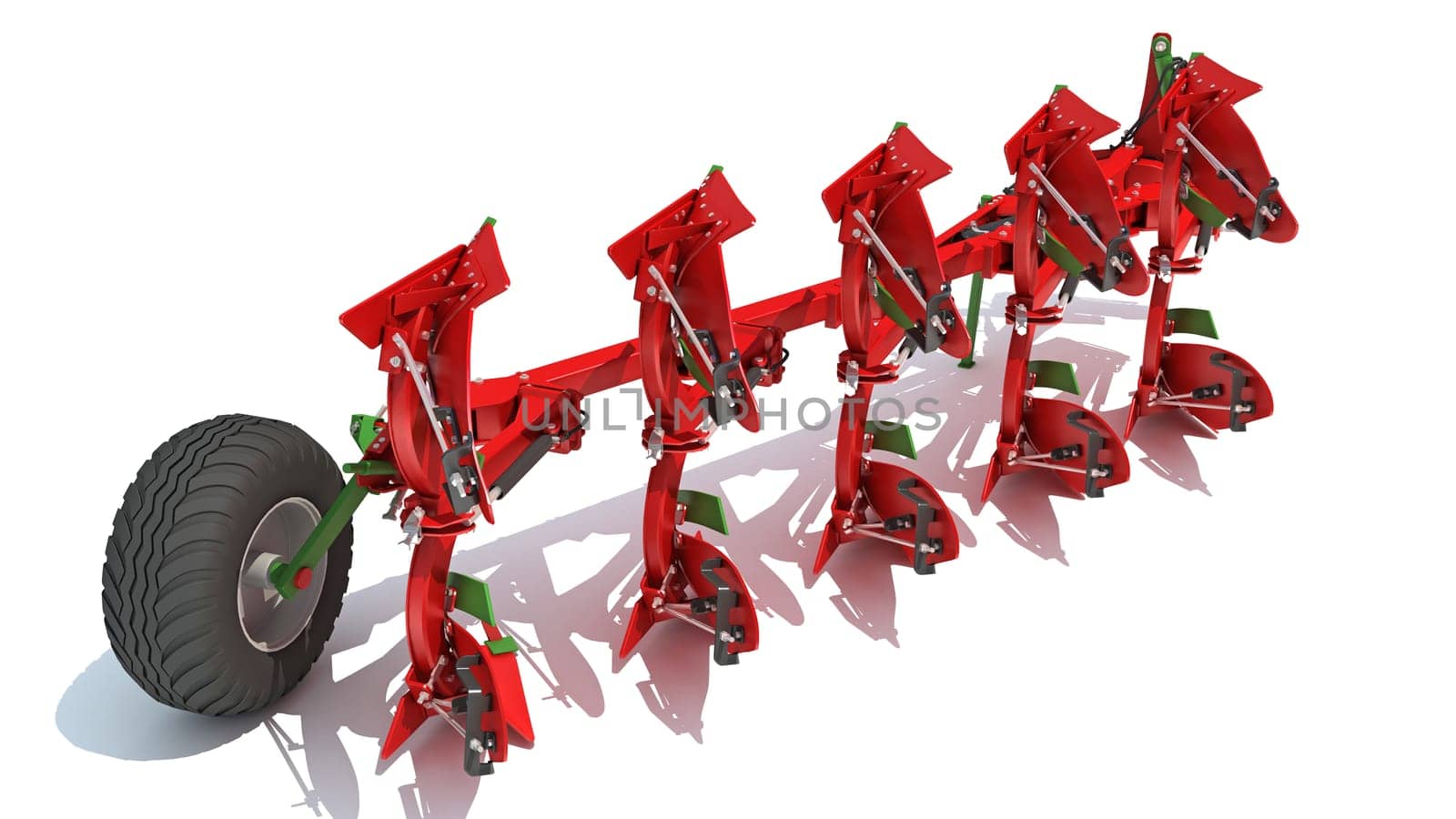 Semi Mounted Farm Plough 3D Rendering model on White Background