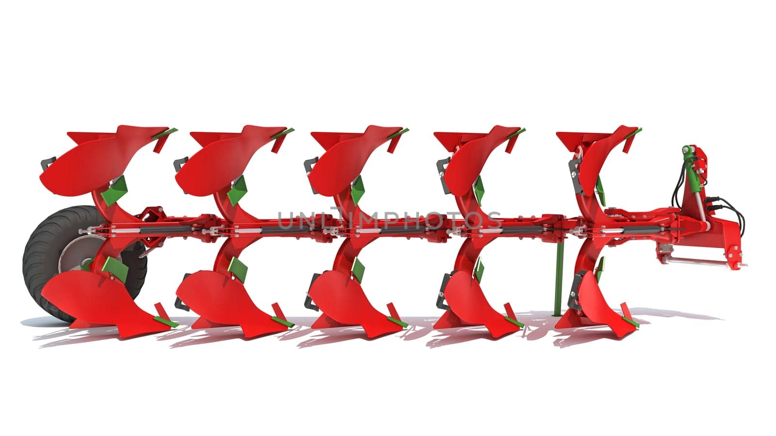Semi Mounted Farm Plough 3D Rendering model on White Background